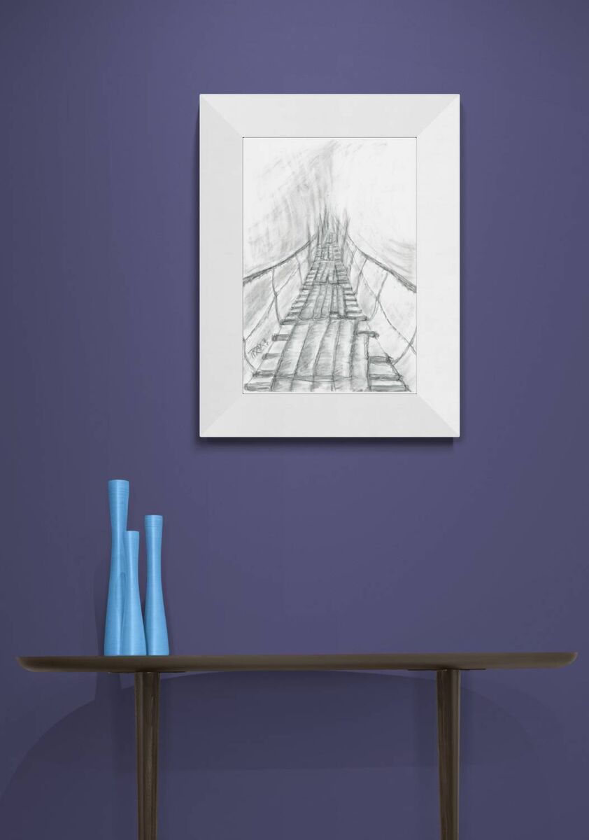 Original surreal charcoal drawing Toward the Unknown by Diana Dimova TRAXI, featuring a suspension bridge in mist exploring transition in black and white. A framed black and white pencil sketch of a bridge hanging on a purple wall above a dark console table with three light blue vases.