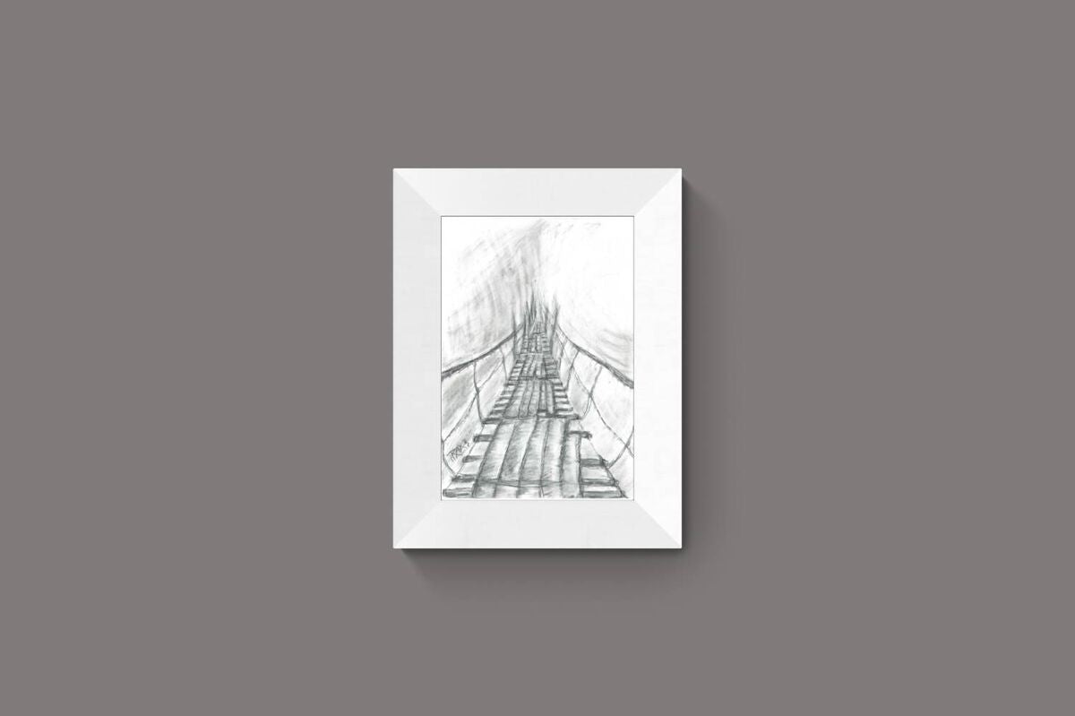 Original surreal charcoal drawing Toward the Unknown by Diana Dimova TRAXI, featuring a suspension bridge in mist exploring transition in black and white. A framed black and white pencil sketch of a suspension bridge, presented in a white frame against a solid gray background.