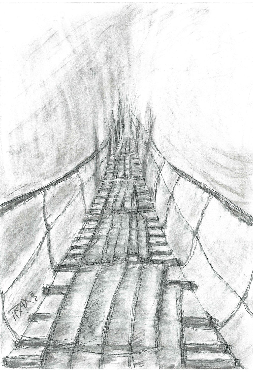Original surreal charcoal drawing Toward the Unknown by Diana Dimova TRAXI, featuring a suspension bridge in mist exploring transition in black and white. A monochrome pencil sketch of a suspension bridge, showing the roadway and cables extending into a misty tunnel or canyon. The artist's signature 'TRAE' is visible in the lower-left corner.