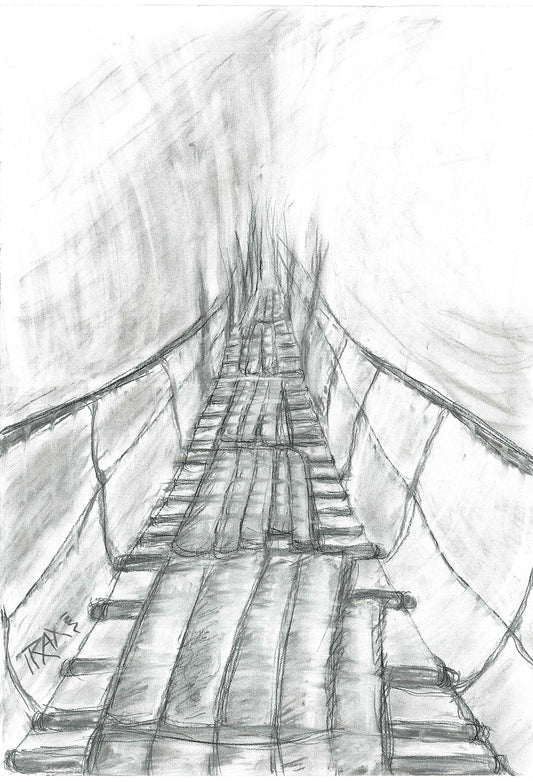 Original surreal charcoal drawing Toward the Unknown by Diana Dimova TRAXI, featuring a suspension bridge in mist exploring transition in black and white. A monochrome pencil sketch of a suspension bridge, showing the roadway and cables extending into a misty tunnel or canyon. The artist's signature 'TRAE' is visible in the lower-left corner.
