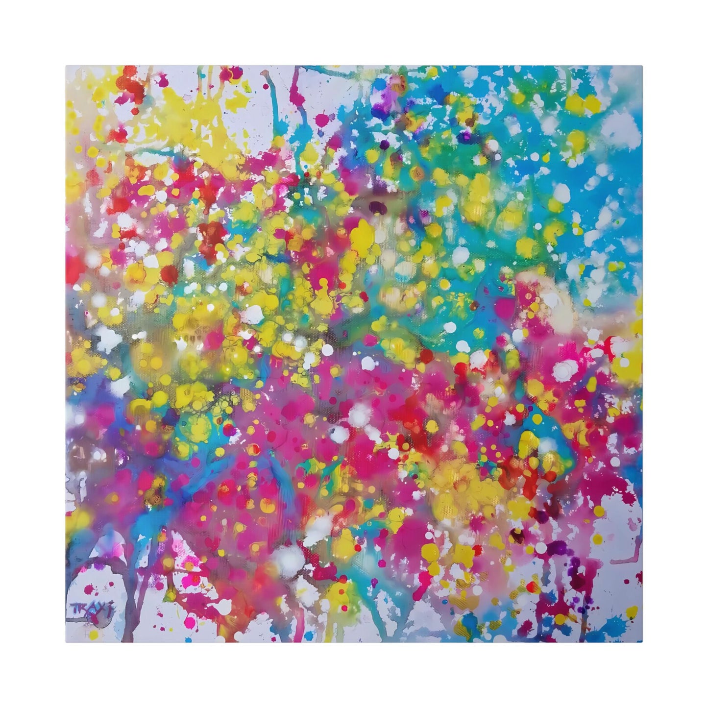 Painting of happiness 2 vibrant abstract canvas print by award-winning contemporary artist Diana Dimova - TRAXI, featuring radiant pink, yellow, and blue colors. A square abstract painting featuring a vibrant splatter and drip pattern with yellow, pink, blue, green, and purple paint on a white background, signed TP at the bottom left.