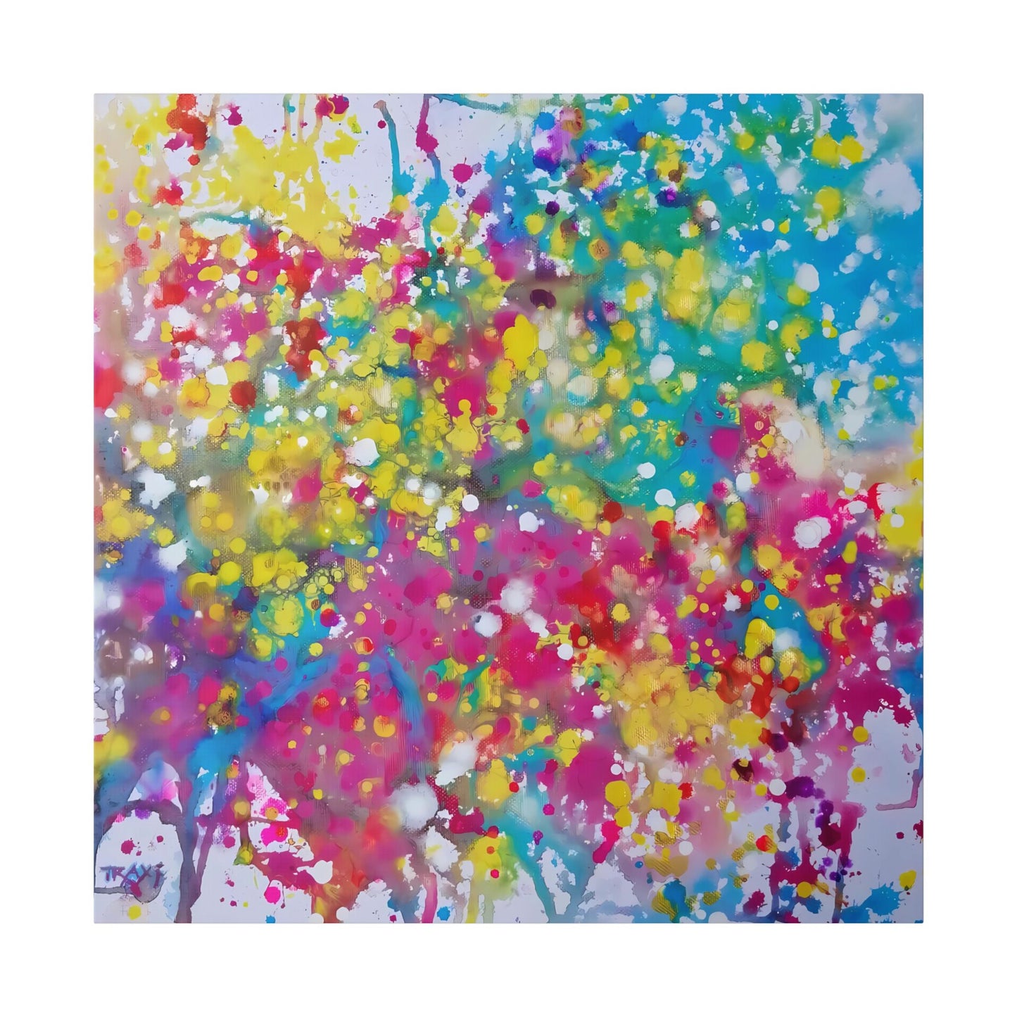 Painting of happiness 2 vibrant abstract canvas print by award-winning contemporary artist Diana Dimova - TRAXI, featuring radiant pink, yellow, and blue colors. A square abstract painting featuring a vibrant splatter and drip pattern with yellow, pink, blue, green, and purple paint on a white background, signed TP at the bottom left.