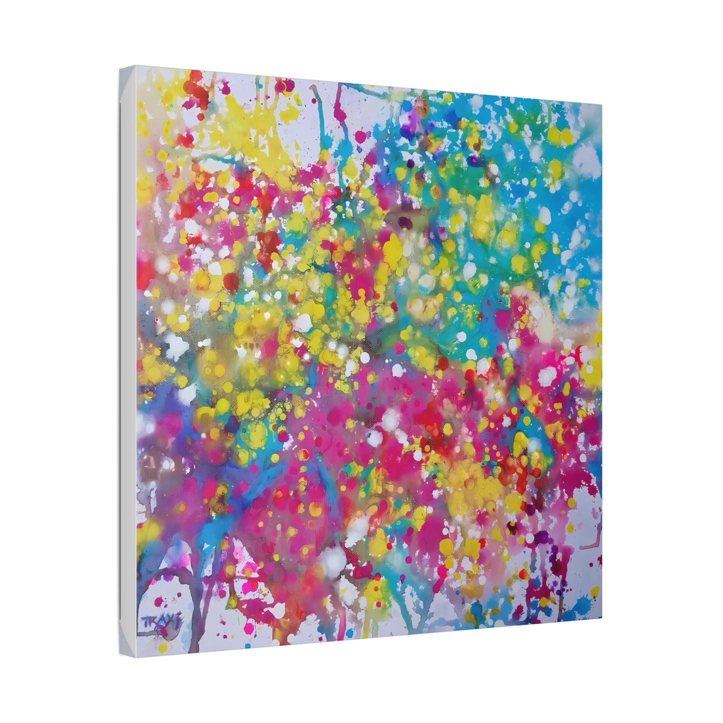 Painting of happiness 2 vibrant abstract canvas print by award-winning contemporary artist Diana Dimova - TRAXI, featuring radiant pink, yellow, and blue colors. Square abstract canvas wall art featuring a vibrant splatter and drip pattern in pink, yellow, blue, teal, and white, shown at a slight angle on a plain white background.