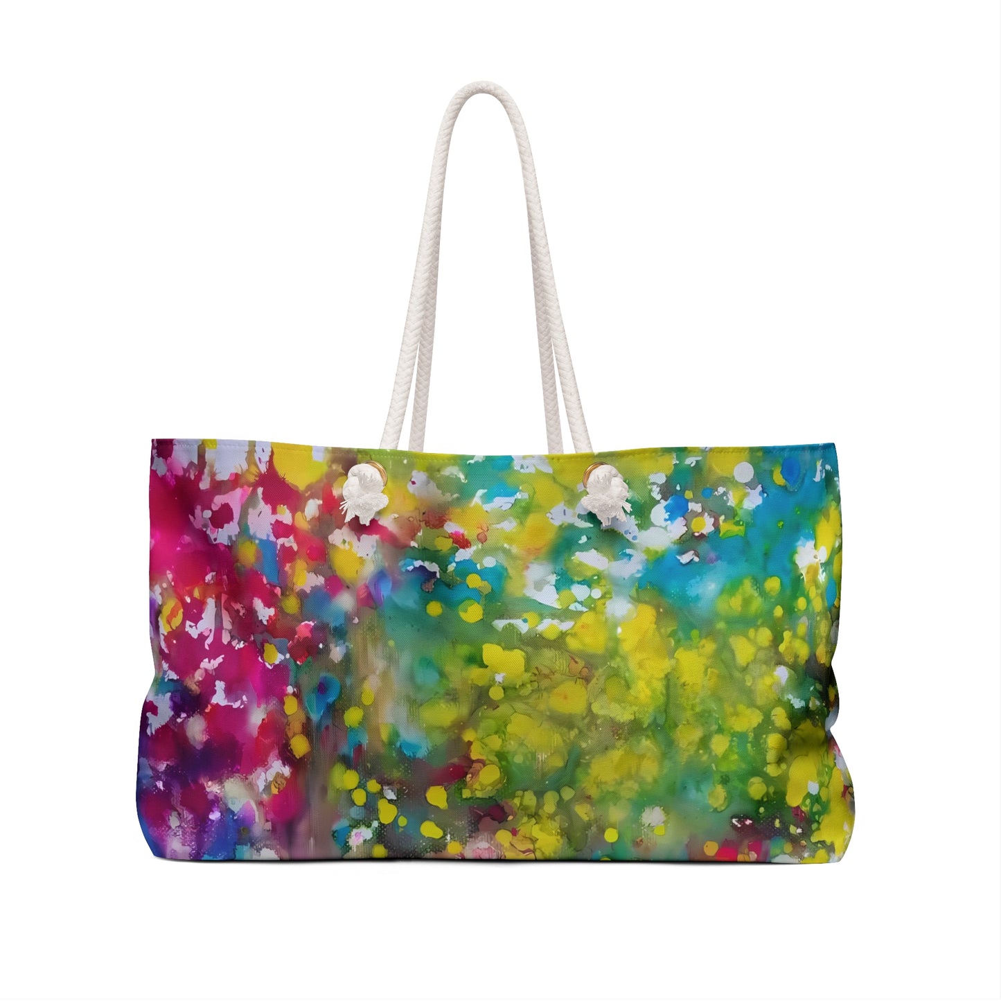Paintings of happiness beach bag featuring vibrant wearable art inspired by the Paintings of Happiness series by Diana Dimova TRAXI. A canvas tote bag featuring a vibrant, multicolored abstract floral painting design with white rope handles, shown against a plain white background.