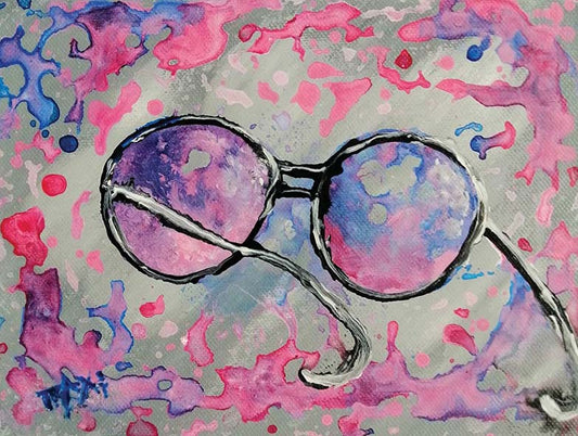 Pink glasses original abstract painting by contemporary artist TRAXI, featuring vibrant fluid acrylics and a joyful, perfect gift idea .Watercolor painting of round eyeglasses with purple and pink watercolor washes in the lenses, set against a textured gray background with pink and blue paint splatters.