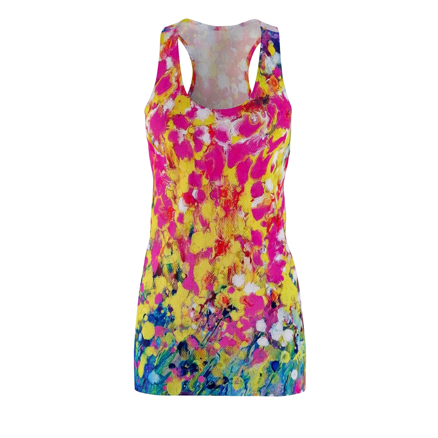 Women's racerback summer dress of happiness featuring abstract wearable art inspired by the painting Summer Flowers by Diana Dimova TRAXI. A sleeveless racerback tank top with a vibrant abstract paint splatter pattern in yellow, pink, blue, and white, shown against a plain white background.