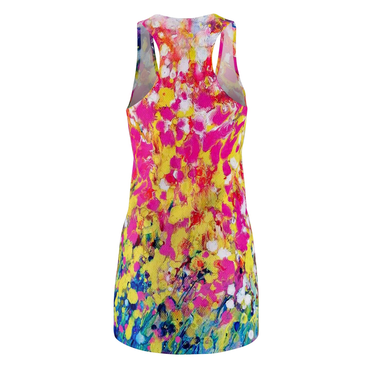 Women's racerback summer dress of happiness featuring abstract wearable art inspired by the painting Summer Flowers by Diana Dimova TRAXI. A sleeveless racerback dress with a vibrant, multicolored abstract paint splatter pattern in yellow, pink, blue, and white, shown against a plain white background.