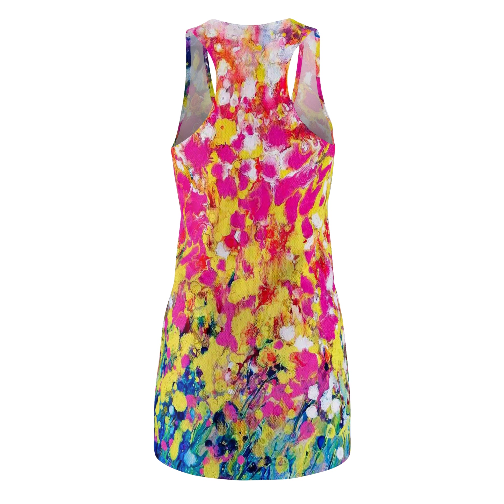 Women's racerback summer dress of happiness featuring abstract wearable art inspired by the painting Summer Flowers by Diana Dimova TRAXI. A sleeveless racerback dress with a vibrant, multicolored abstract paint splatter pattern in yellow, pink, blue, and white, shown against a plain white background.