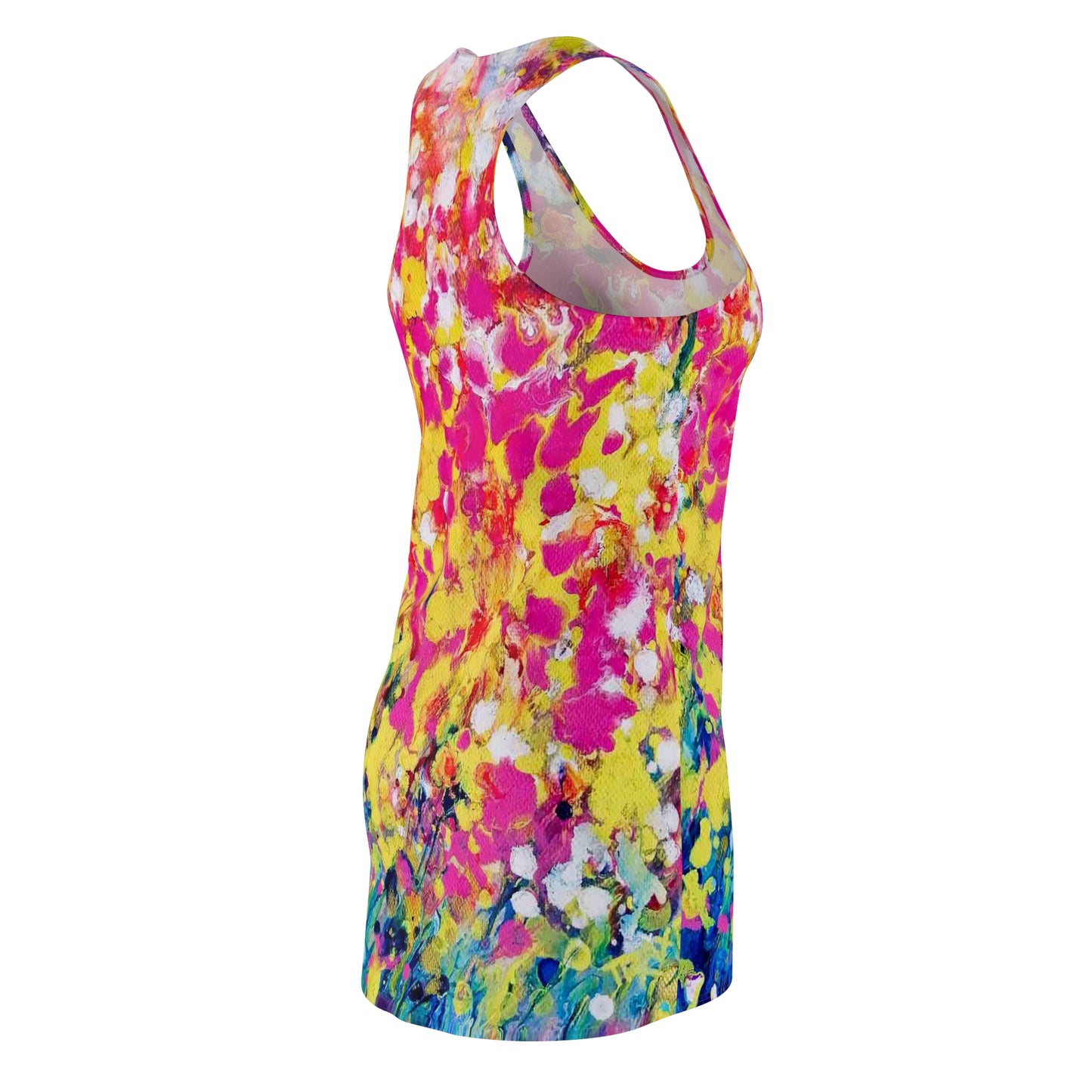 Women's racerback summer dress of happiness featuring abstract wearable art inspired by the painting Summer Flowers by Diana Dimova TRAXI. A sleeveless racerback tank top with a vibrant abstract paint splatter pattern in yellow, pink, blue, and white, shown on a plain white background.