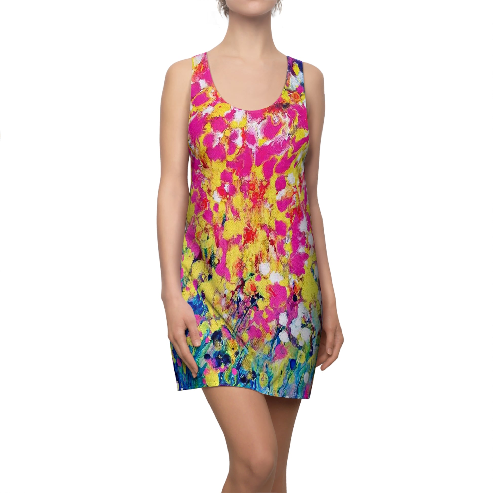 Women's racerback summer dress of happiness featuring abstract wearable art inspired by the painting Summer Flowers by Diana Dimova TRAXI. A sleeveless scoop-neck mini dress with a vibrant abstract floral print in pink, yellow, blue, and white, modeled on a plain white background.