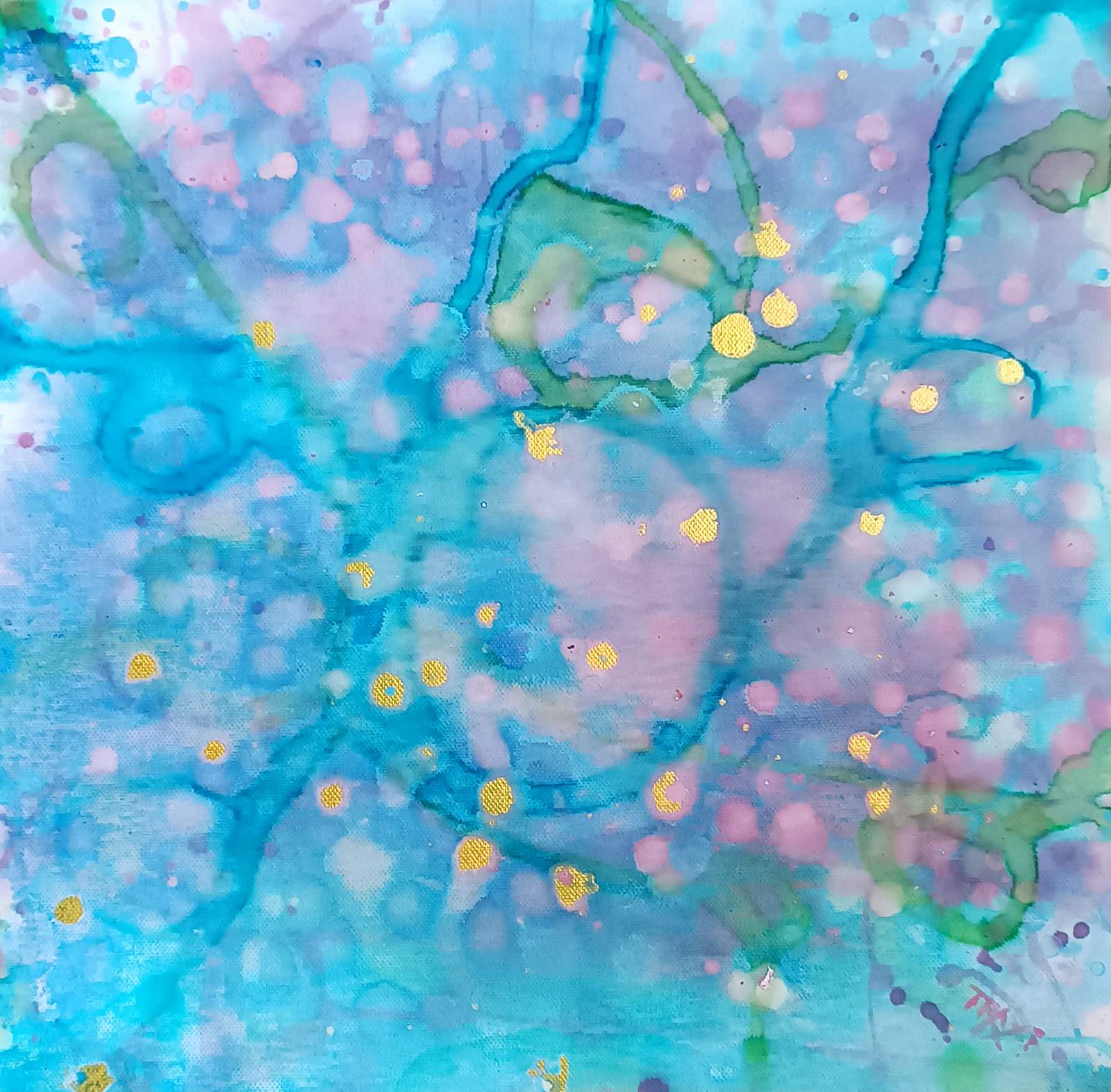 Original abstract diptych painting titled 'Rearrangement' by TRAXI, featuring textured layers in dialogue. The artwork explores themes of renewal, transition, and reconstruction through contemporary abstract expressionism. Abstract watercolor artwork with blended blue, pink, and teal washes, organic splatter dots, and scattered small gold foil accents.