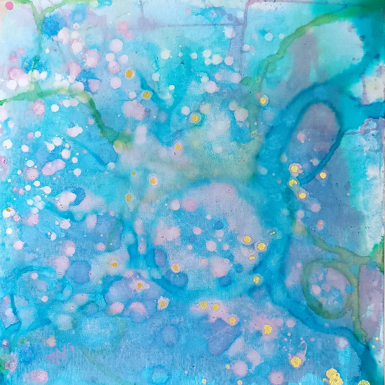 Original abstract diptych painting titled 'Rearrangement' by TRAXI, featuring textured layers in dialogue. The artwork explores themes of renewal, transition, and reconstruction through contemporary abstract expressionism. Abstract watercolor painting with swirling shades of blue, teal, and lavender, accented with splatters of pink, green, and small gold dots.