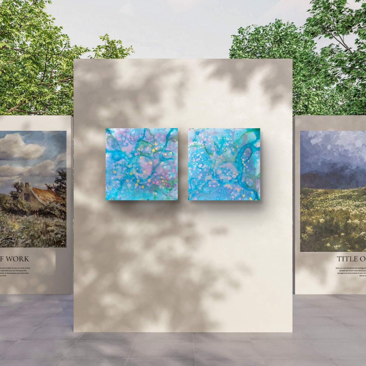 Original abstract diptych painting titled 'Rearrangement' by TRAXI, featuring textured layers in dialogue. The artwork explores themes of renewal, transition, and reconstruction through contemporary abstract expressionism. Two square abstract wall art panels in swirling blue, aqua, and lavender tones displayed side by side on a beige wall in an outdoor gallery setting with trees and other framed artworks visible.