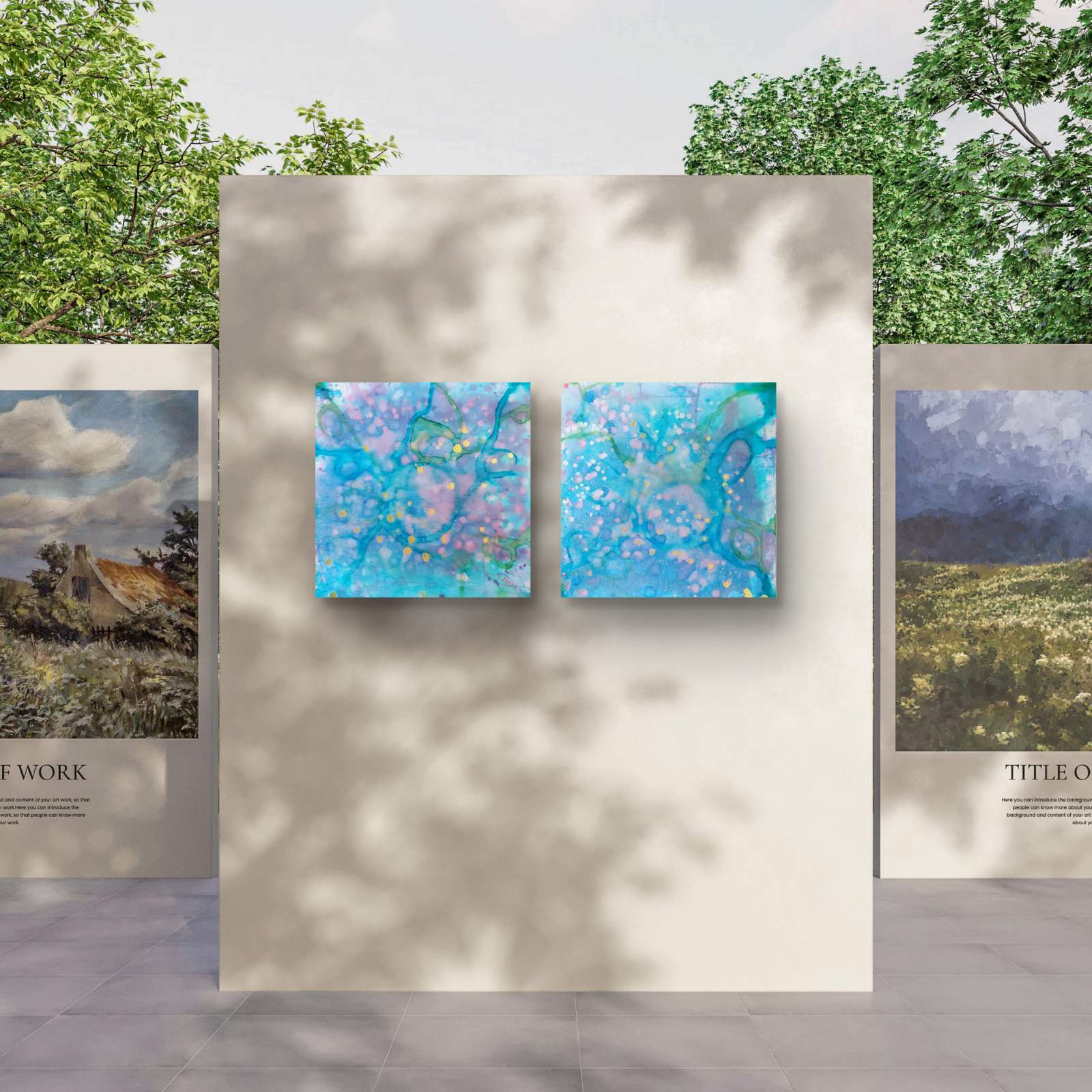 Original abstract diptych painting titled 'Rearrangement' by TRAXI, featuring textured layers in dialogue. The artwork explores themes of renewal, transition, and reconstruction through contemporary abstract expressionism. Two square abstract wall art panels in swirling blue, aqua, and lavender tones displayed side by side on a beige wall in an outdoor gallery setting with trees and other framed artworks visible.