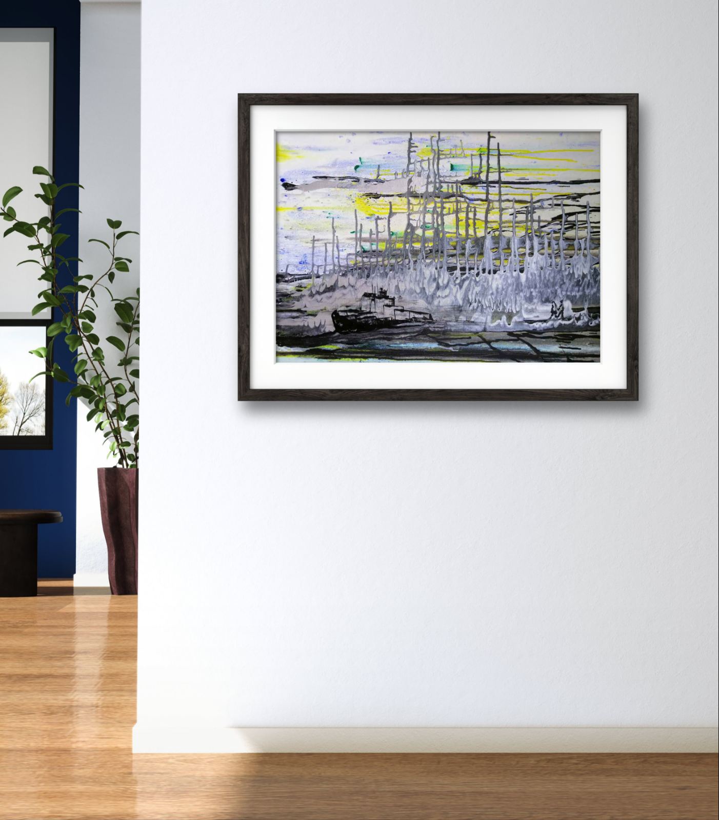 Harbor of Love limited edition romantic abstract seascape canvas print by Diana Dimova TRAXI ART. Deep blue and silver coastal wall art.