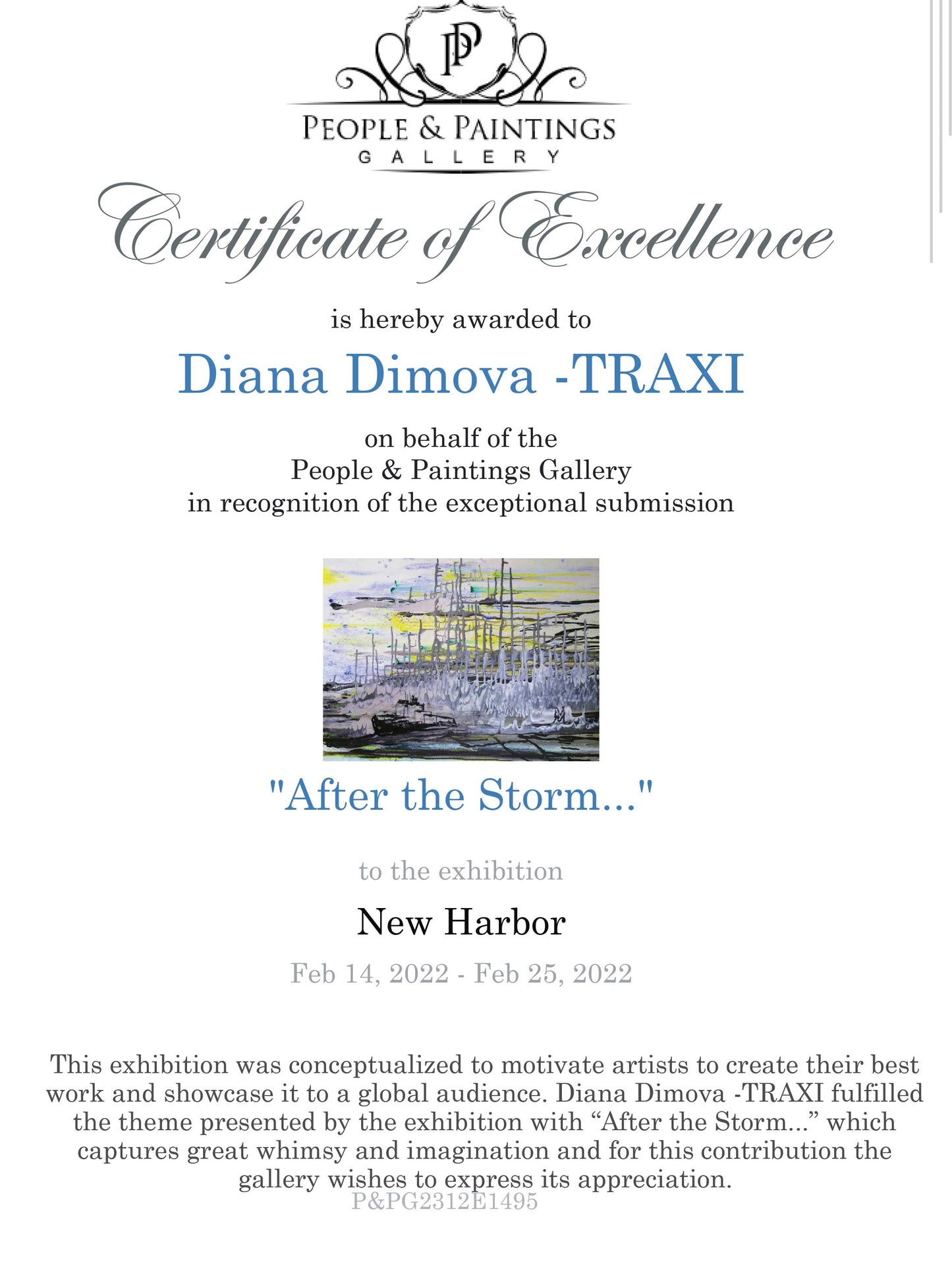 Award Harbor of Love original romantic abstract seascape painting in deep blue, black, and silver by Diana Dimova TRAXI ART.