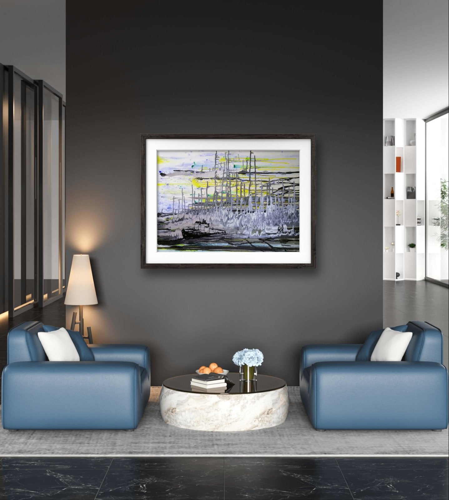 Harbor of Love original romantic abstract seascape painting in deep blue, black, and silver by Diana Dimova TRAXI ART.