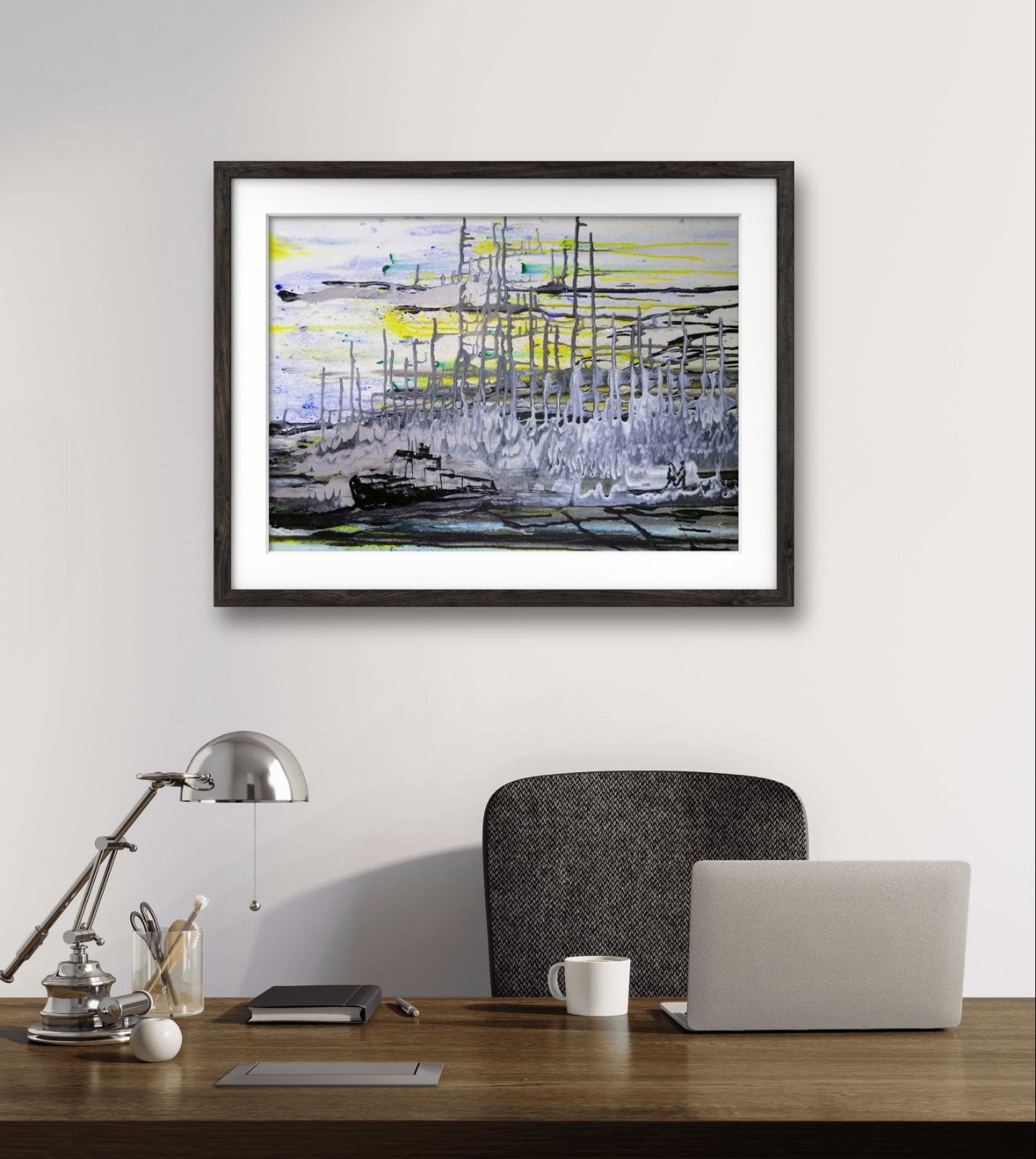 Harbor of Love original romantic abstract seascape painting in deep blue, black, and silver by Diana Dimova TRAXI ART.