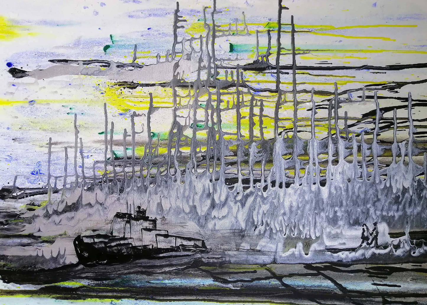 Harbor of Love original romantic abstract seascape painting in deep blue, black, and silver by Diana Dimova TRAXI ART.