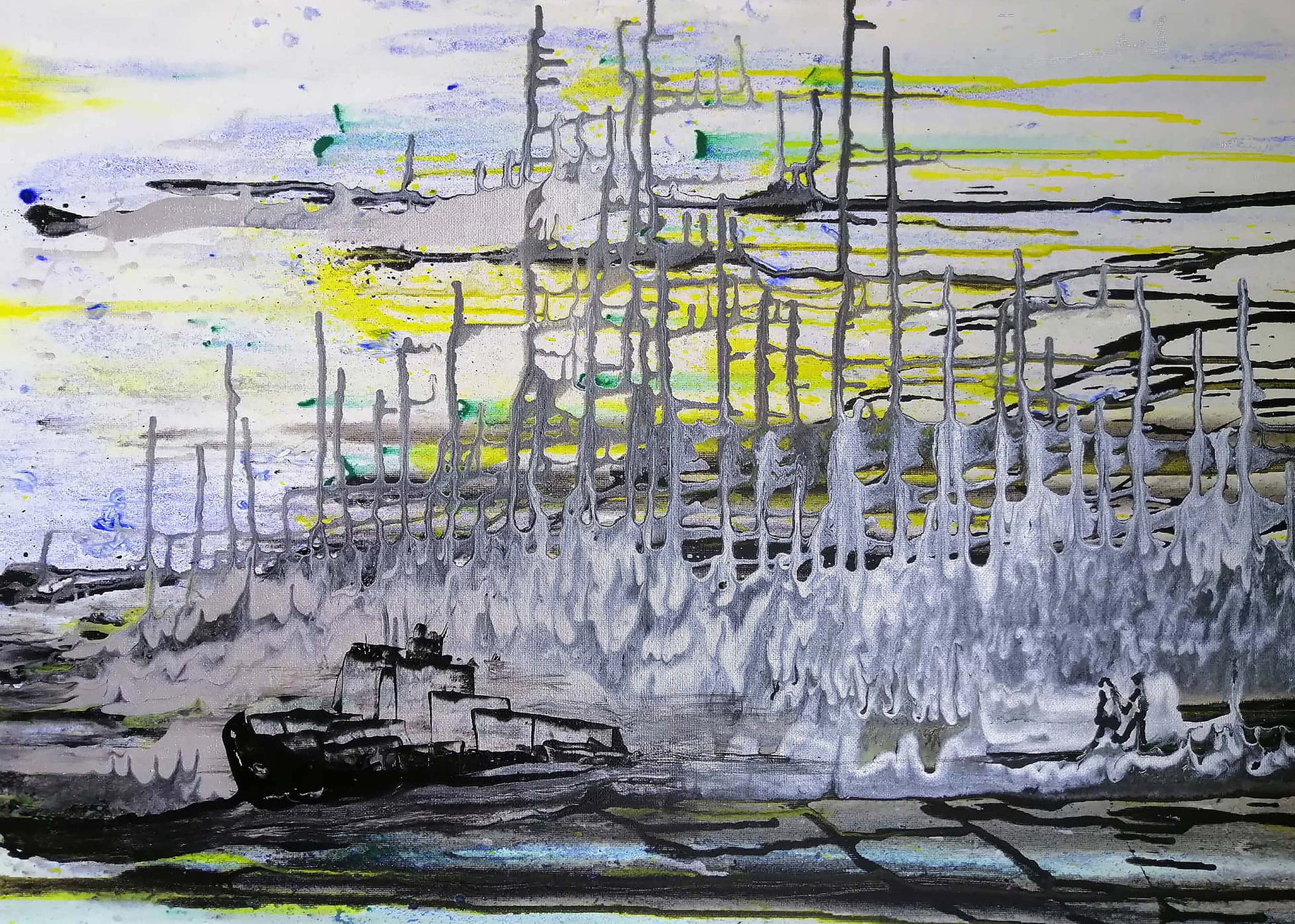 Harbor of Love original romantic abstract seascape painting in deep blue, black, and silver by Diana Dimova TRAXI ART.
