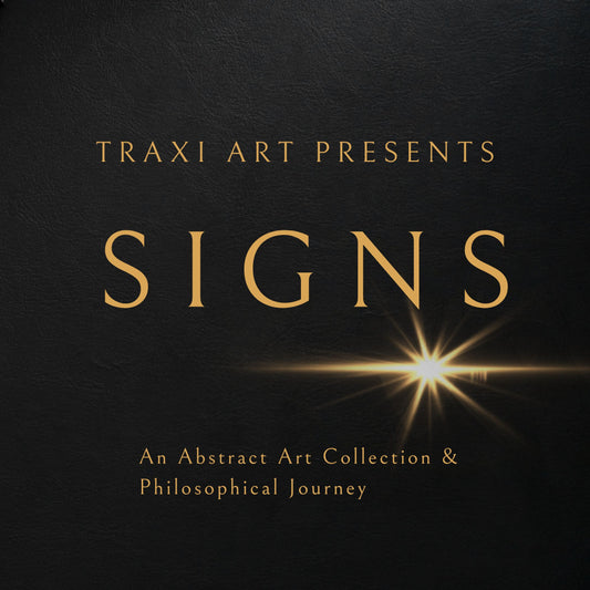 Digital abstract art catalog cover titled SIGNS by artist Diana Dimova TRAXI featuring minimalist luxury black and gold design.