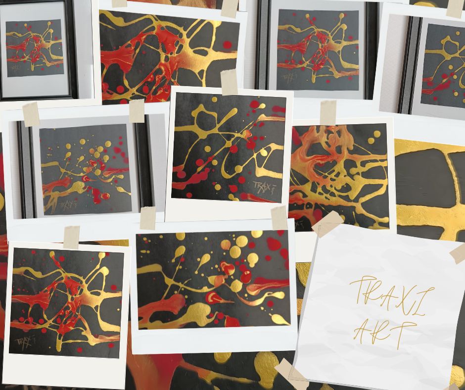 Artistic Polaroid-style collage of the SIGNS abstract collection by TRAXI ART, showing close-up details of gold and red fluid acrylic mini paintings.