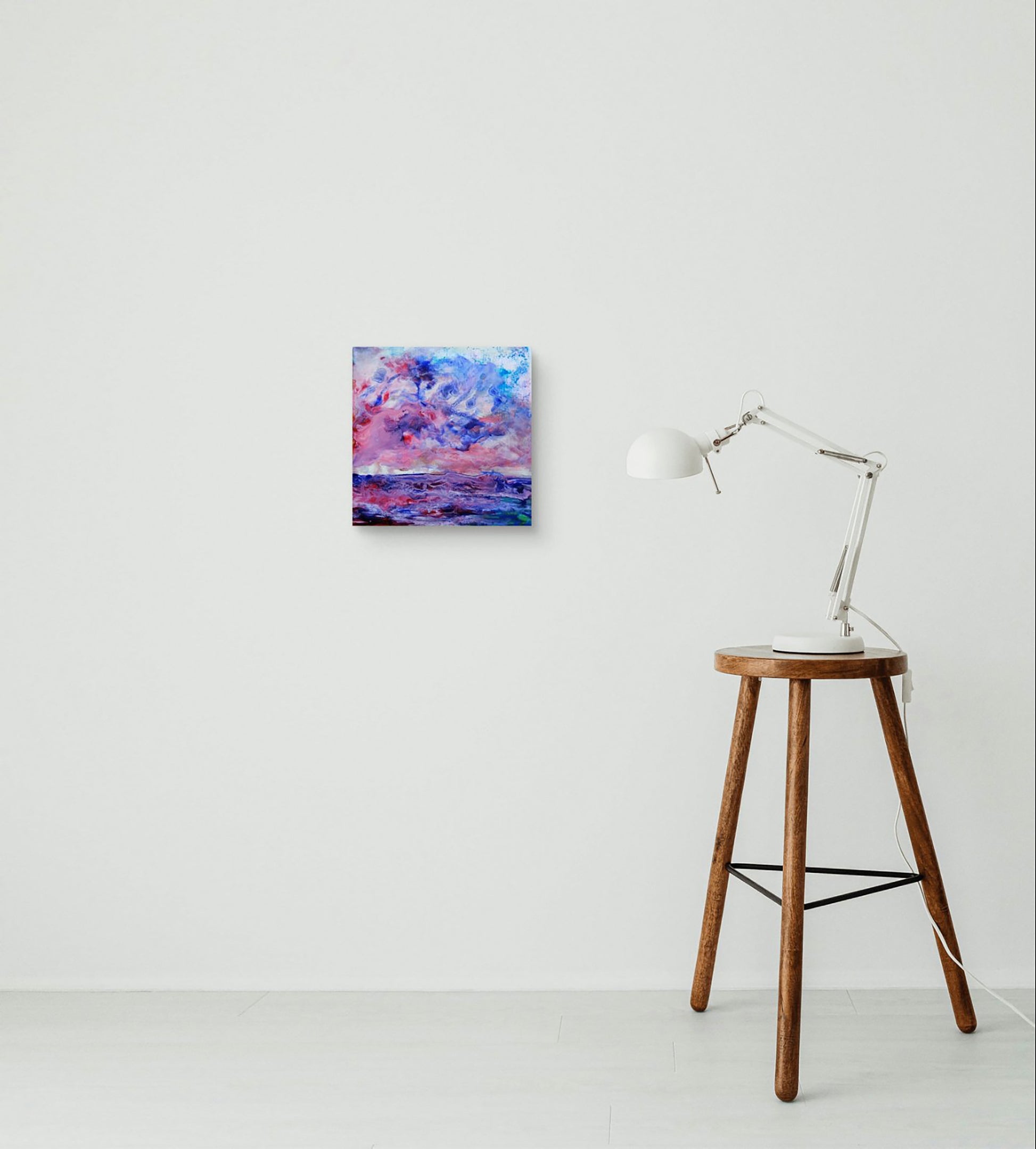 Waves original small abstract seascape acrylic painting in soft pink, purple, and blue tones by Diana Dimova TRAXI ART.