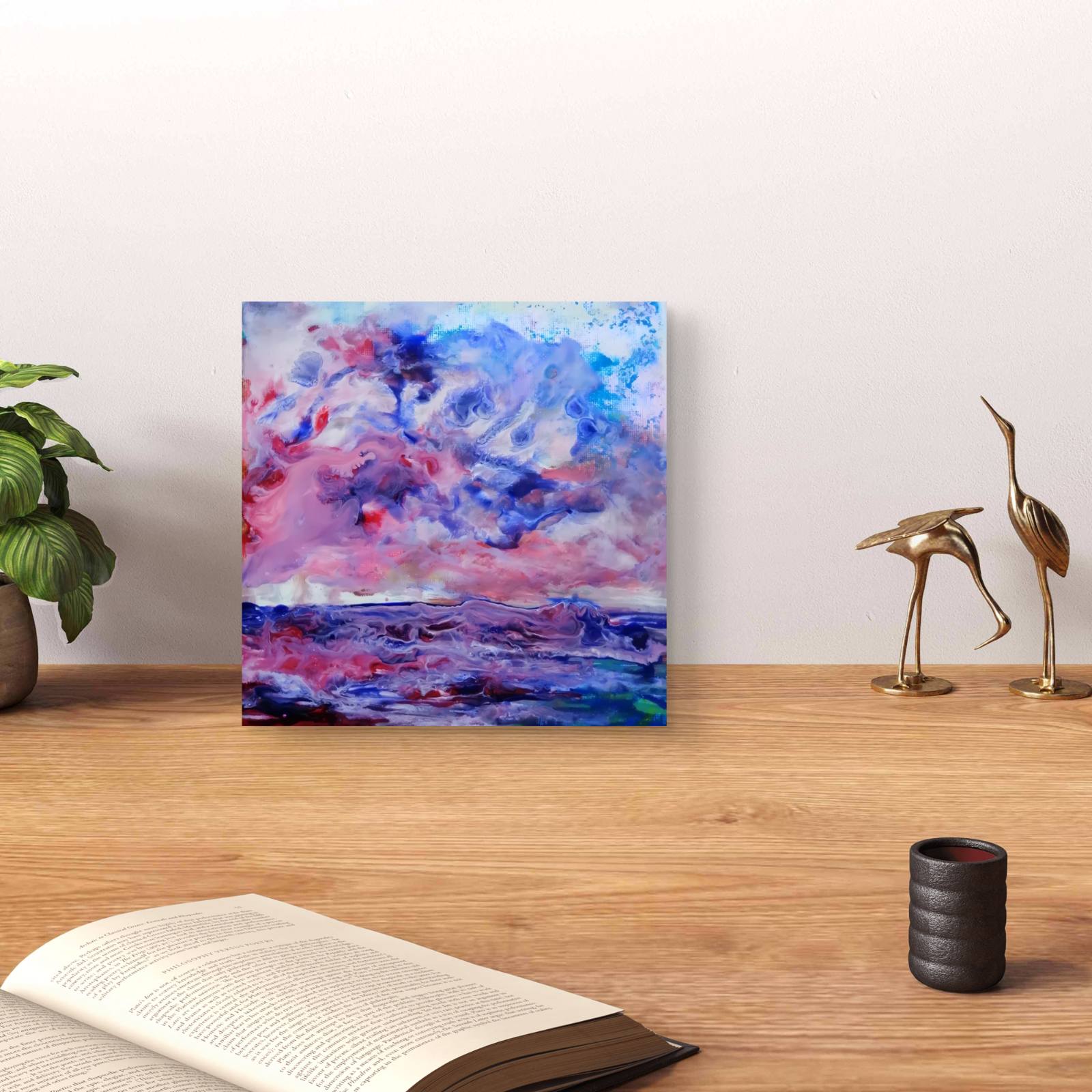Waves original small abstract seascape acrylic painting in soft pink, purple, and blue tones by Diana Dimova TRAXI ART.