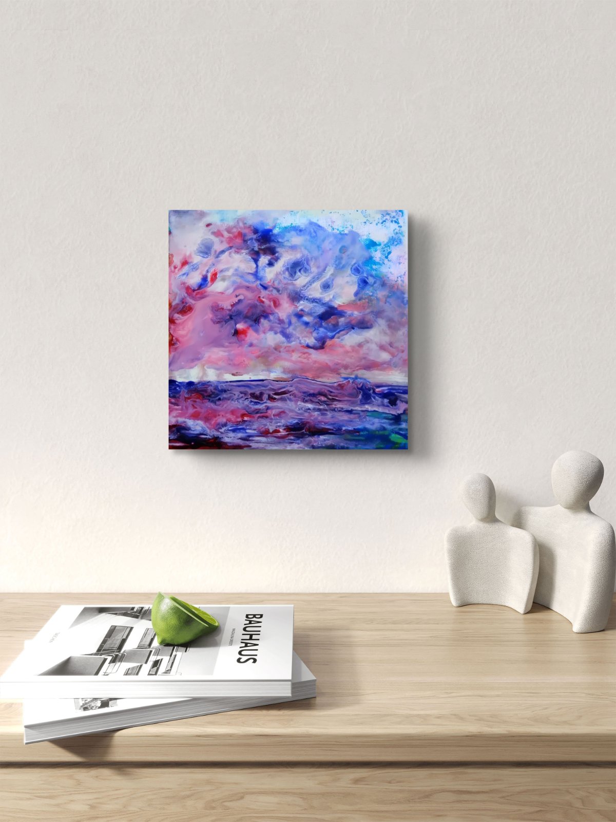 Waves original small abstract seascape acrylic painting in soft pink, purple, and blue tones by Diana Dimova TRAXI ART.