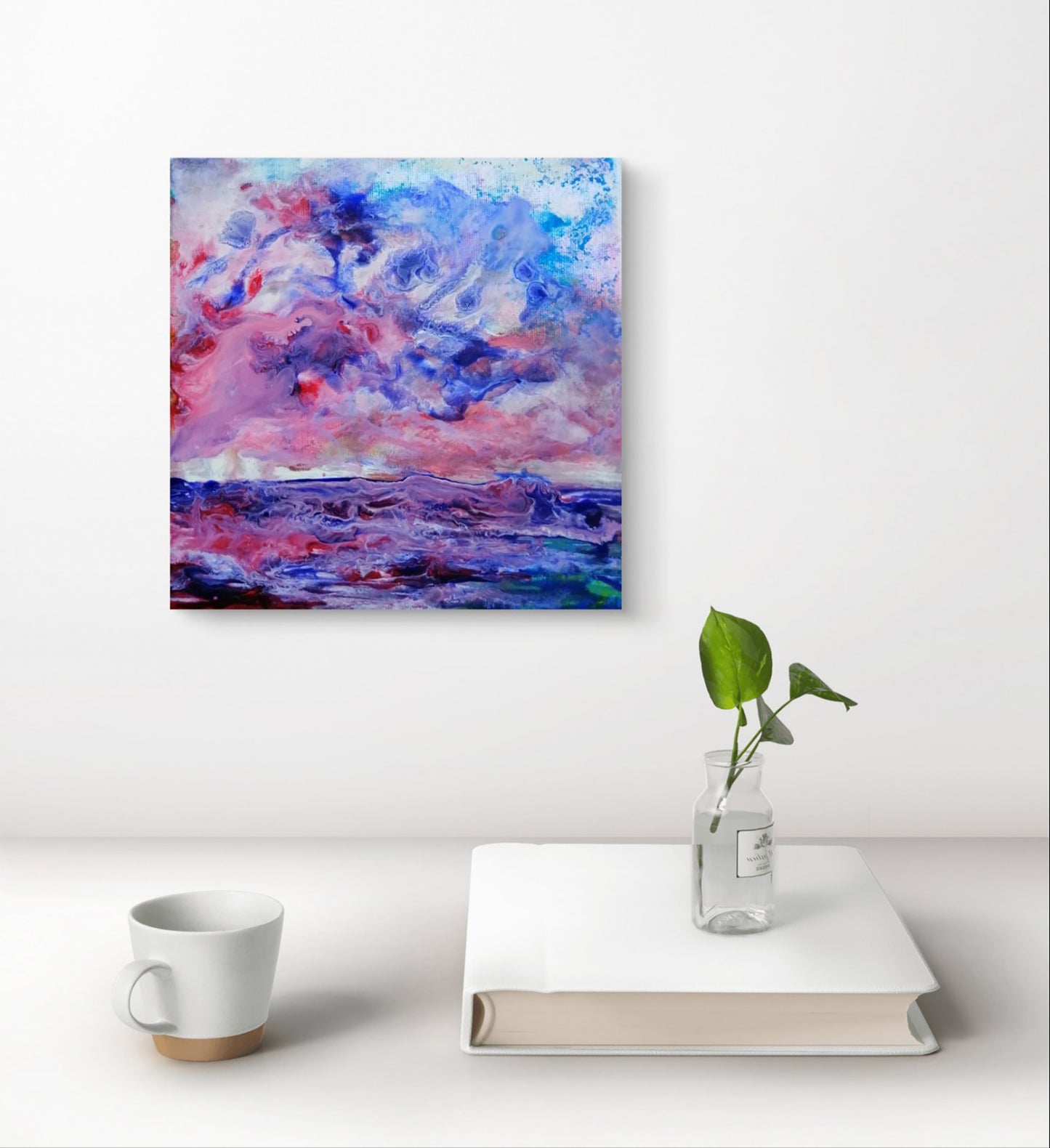 Waves original small abstract seascape acrylic painting in soft pink, purple, and blue tones by Diana Dimova TRAXI ART.