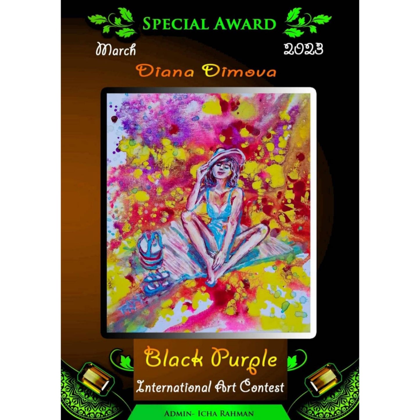 Wonderful Sunny Mood original acrylic pouring painting by Diana Dimova TRAXI ART, capturing an aura of light and summer energy. A special award certificate for the 2023 Diana Dimova winner from the Black Purple International Art Contest. The certificate features a colorful watercolor painting of a woman in a blue swimsuit sitting on a beach, framed within a black and brown certificate layout with green decorative accents.