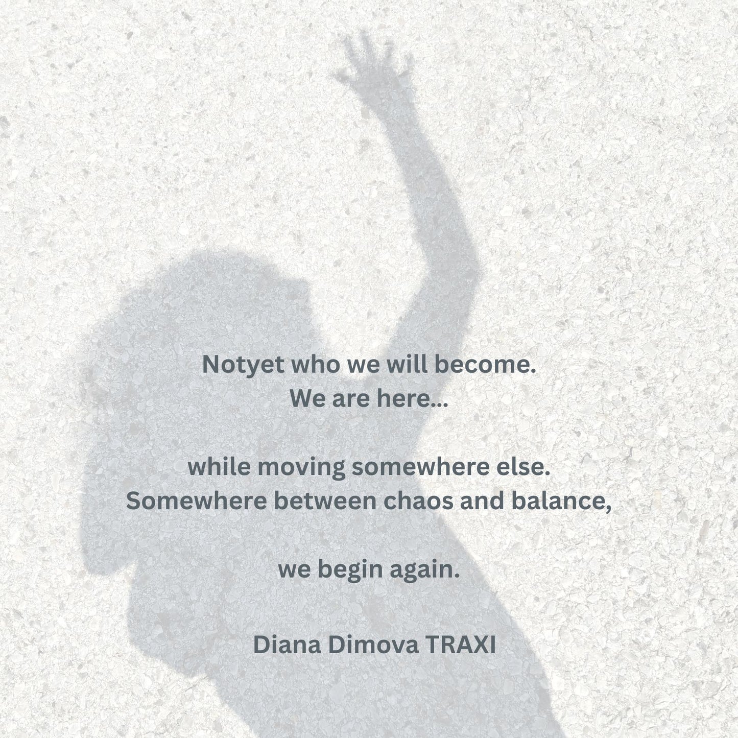 Digital art catalogue cover for States of Becoming contemporary abstract art collection by Diana Dimova - TRAXI A woman with red hair wearing a gray patterned dress and beige sandals sits on a rustic wooden elevated bench in an outdoor mountain landscape with trees and blue sky.