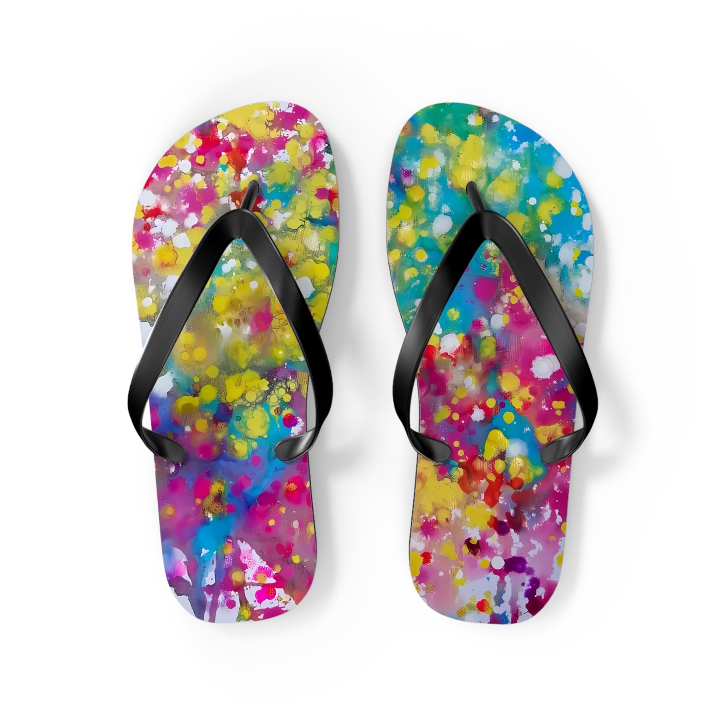 Summer beach flip flops of happiness featuring abstract wearable art inspired by the Paintings of Happiness series by Diana Dimova TRAXI. A pair of black flip-flops with colorful abstract watercolor-style prints on the footbeds, shown from a top-down view on a white background.