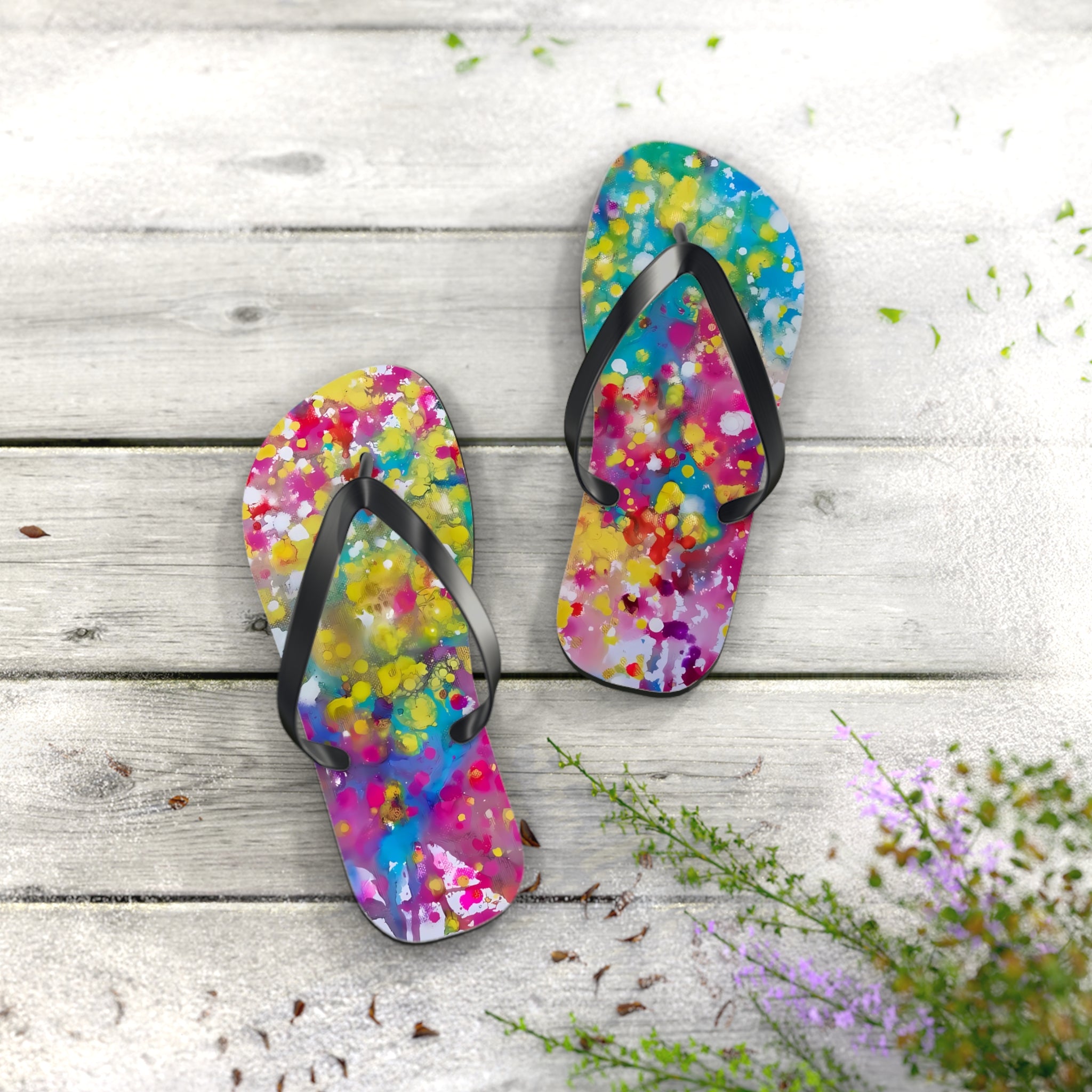 Summer beach flip flops of happiness featuring abstract wearable art inspired by the Paintings of Happiness series by Diana Dimova TRAXI. A pair of colorful watercolor-patterned flip-flops with black straps, arranged on a light gray wooden plank surface with small green and purple flowers in the foreground.