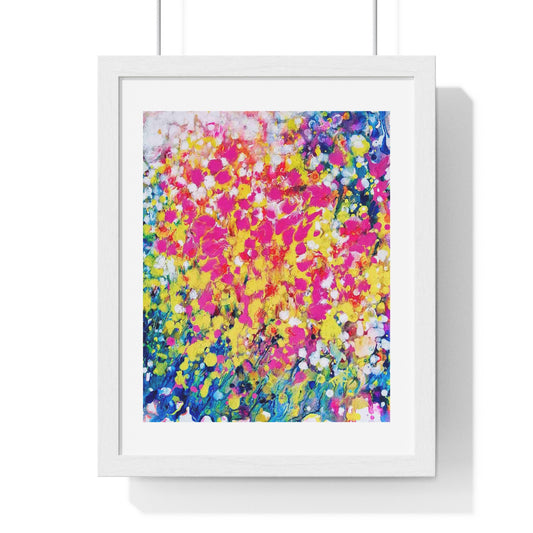 Summer flowers framed art print by contemporary artist TRAXI, featuring vibrant abstract floral colors on museum-quality archival matte paper. A framed abstract art print featuring a vibrant splatter pattern in pink, yellow, blue, and white, presented in a white frame against a clean white background.