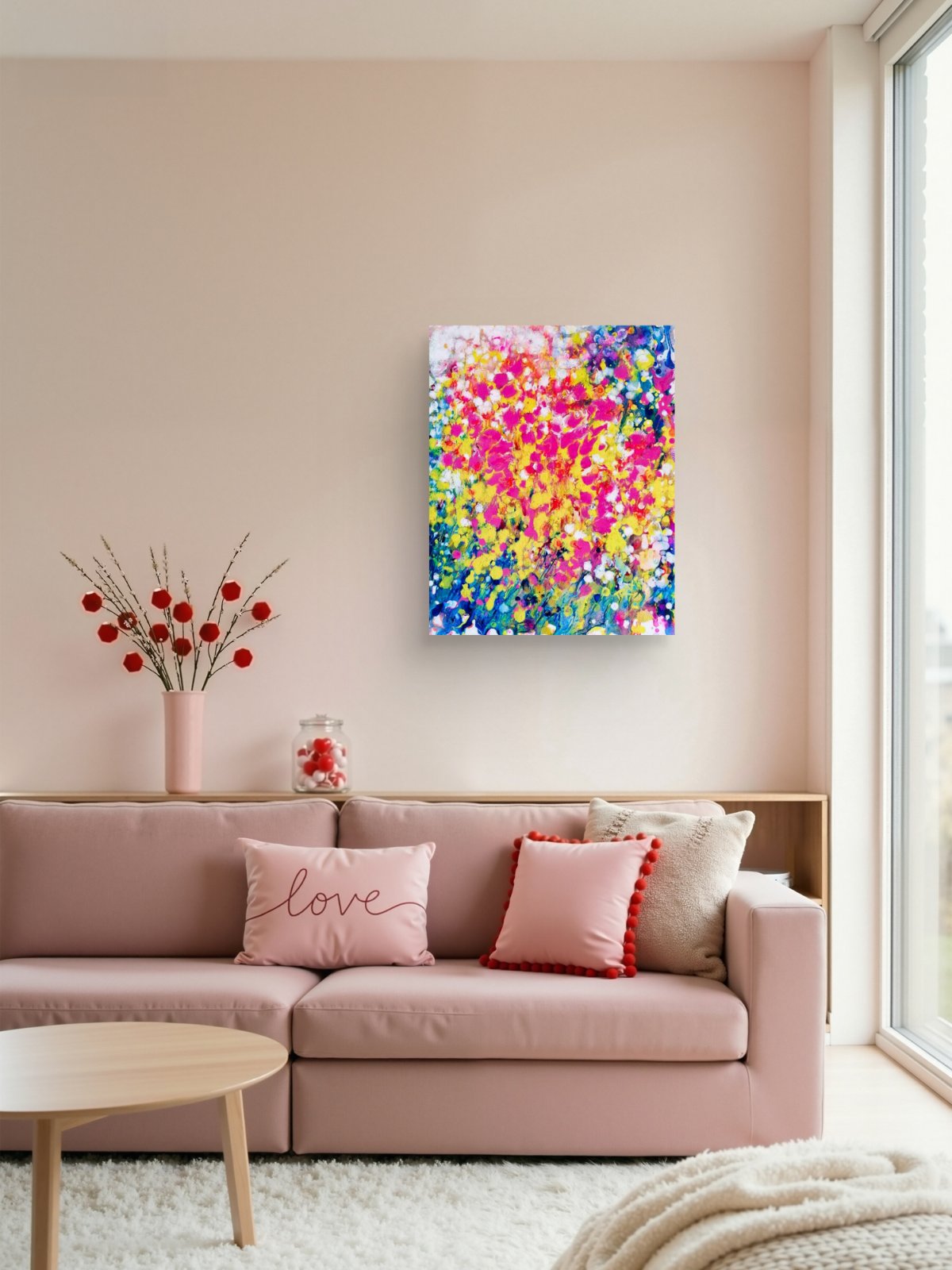 Summer flowers limited edition canvas print by contemporary artist TRAXI, featuring vibrant abstract fluid acrylic colors and warm seasonal energy in a 50x60 cm format. A colorful abstract canvas print with vibrant splashes of pink, yellow, blue, and green, displayed on a beige wall above a dusty pink sofa in a modern living room setting.