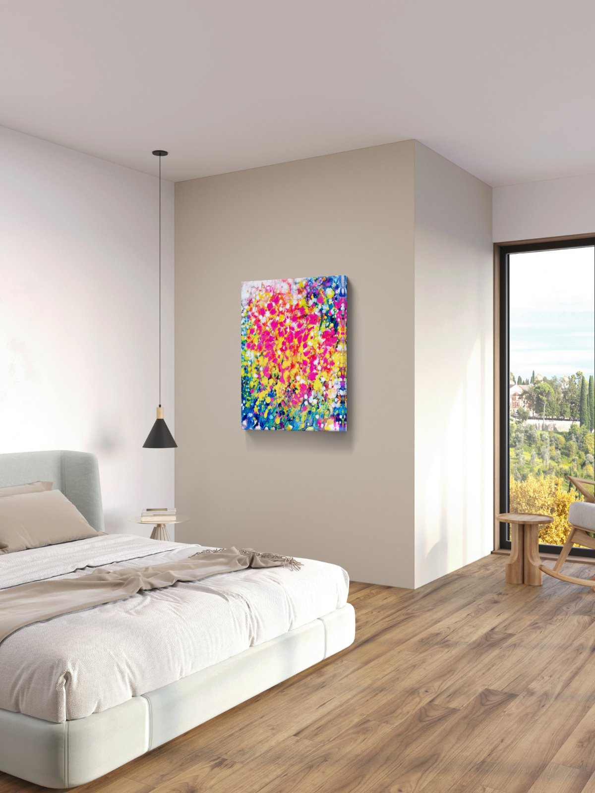 Summer flowers limited edition canvas print by contemporary artist TRAXI, featuring vibrant abstract fluid acrylic colors and warm seasonal energy in a 50x60 cm format. A colorful abstract canvas wall art print hanging on a beige wall in a modern bedroom setting with a bed, wooden floor, and large window.