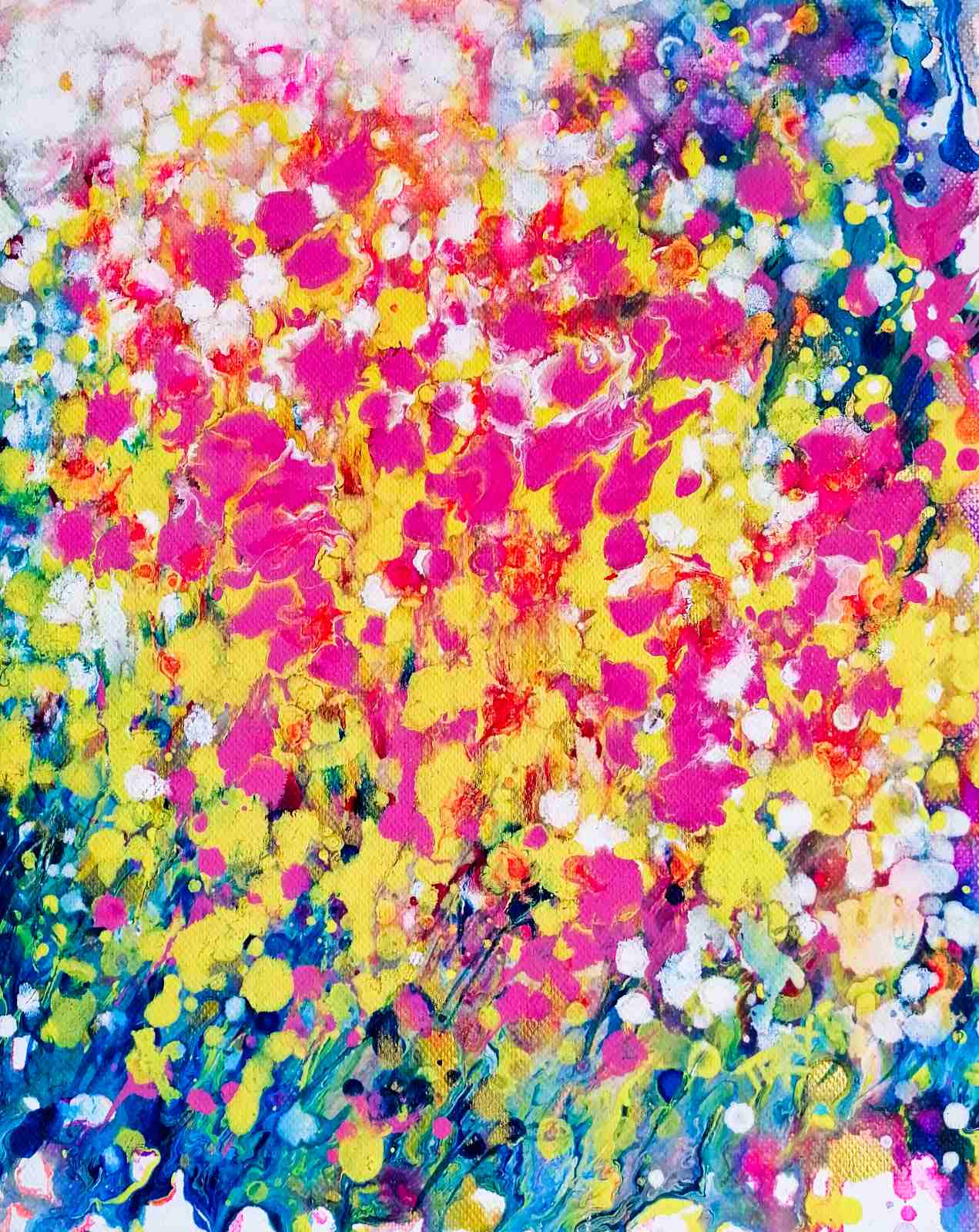 Summer flowers limited edition canvas print by contemporary artist TRAXI, featuring vibrant abstract fluid acrylic colors and warm seasonal energy in a 50x60 cm format. Abstract painting with vibrant colors and a textured surface