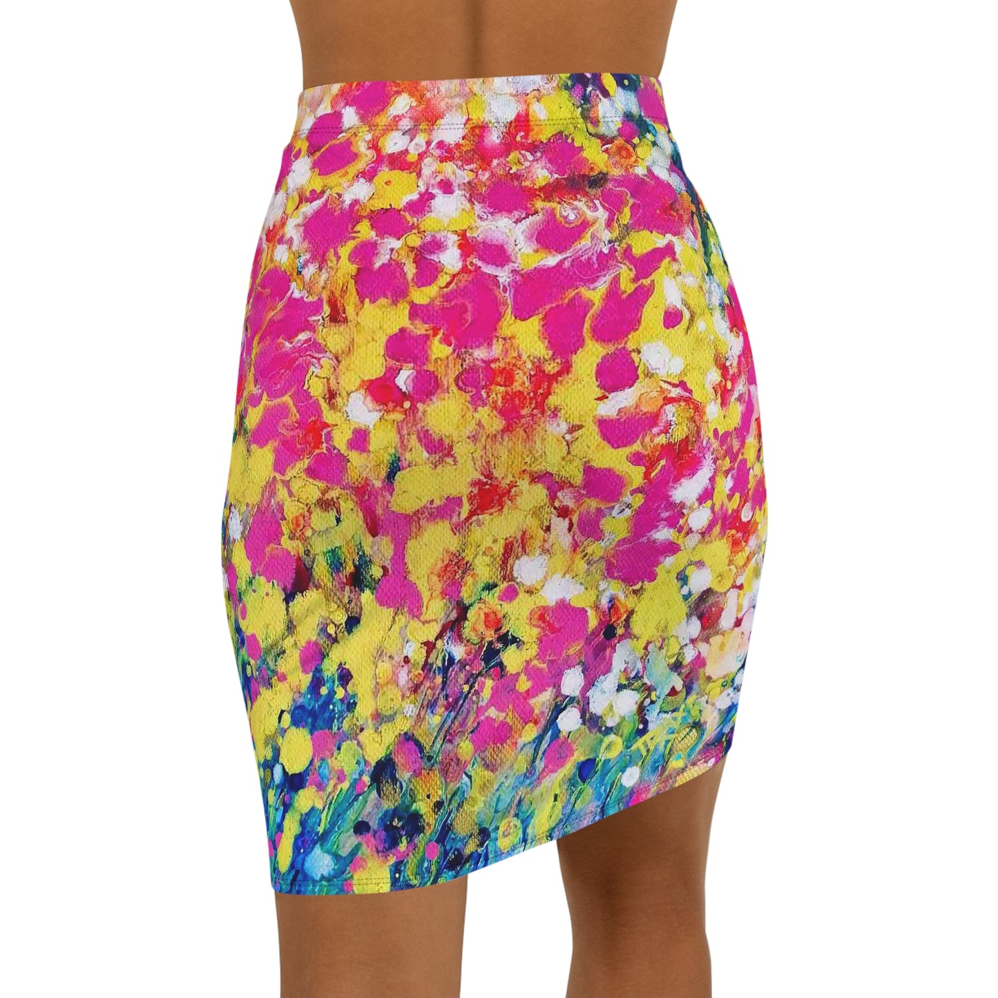 Women's summer mid-waist pencil skirt of happiness featuring abstract wearable art inspired by the painting Summer Flowers by Diana Dimova TRAXI. A high-waisted, asymmetrical mini skirt with a vibrant abstract paint-splatter pattern in pink, yellow, blue, and white, shown on a model against a plain white background.