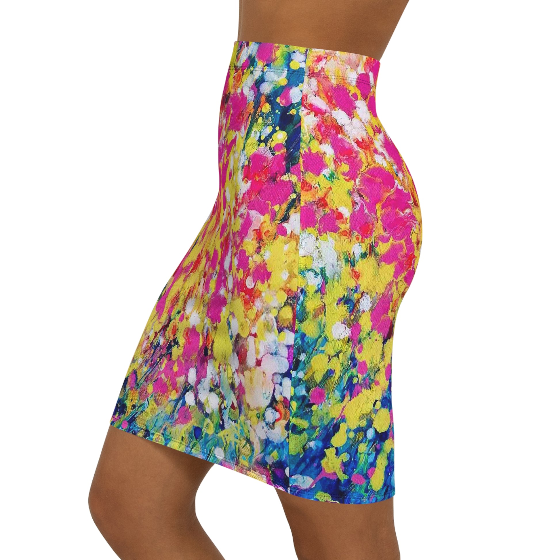 Women's summer mid-waist pencil skirt of happiness featuring abstract wearable art inspired by the painting Summer Flowers by Diana Dimova TRAXI. A high-waisted athletic mini skirt with a vibrant, multicolored abstract floral paint-splatter pattern, shown on a model against a plain white background.