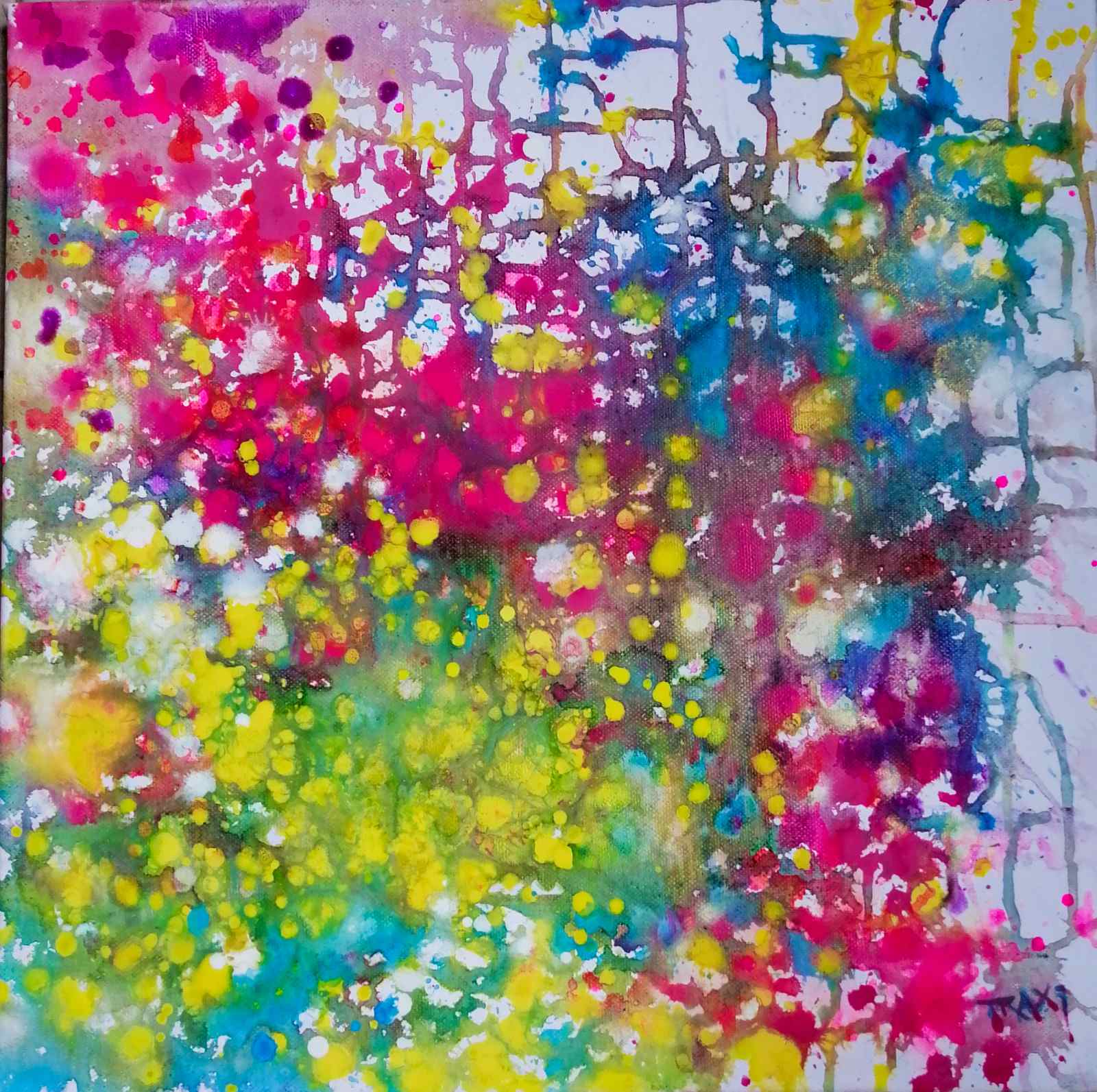 Contemporary abstract painting in pink, yellow and blue with joyful energy by Diana Dimova TRAXI, part of the LIFE IS WONDERFUL solo exhibition.