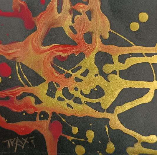 Talisman I original abstract miniature painting by TRAXI ART, 12x12 cm fluid acrylic on paper with rich gold and vibrant red splashes on a deep black background.