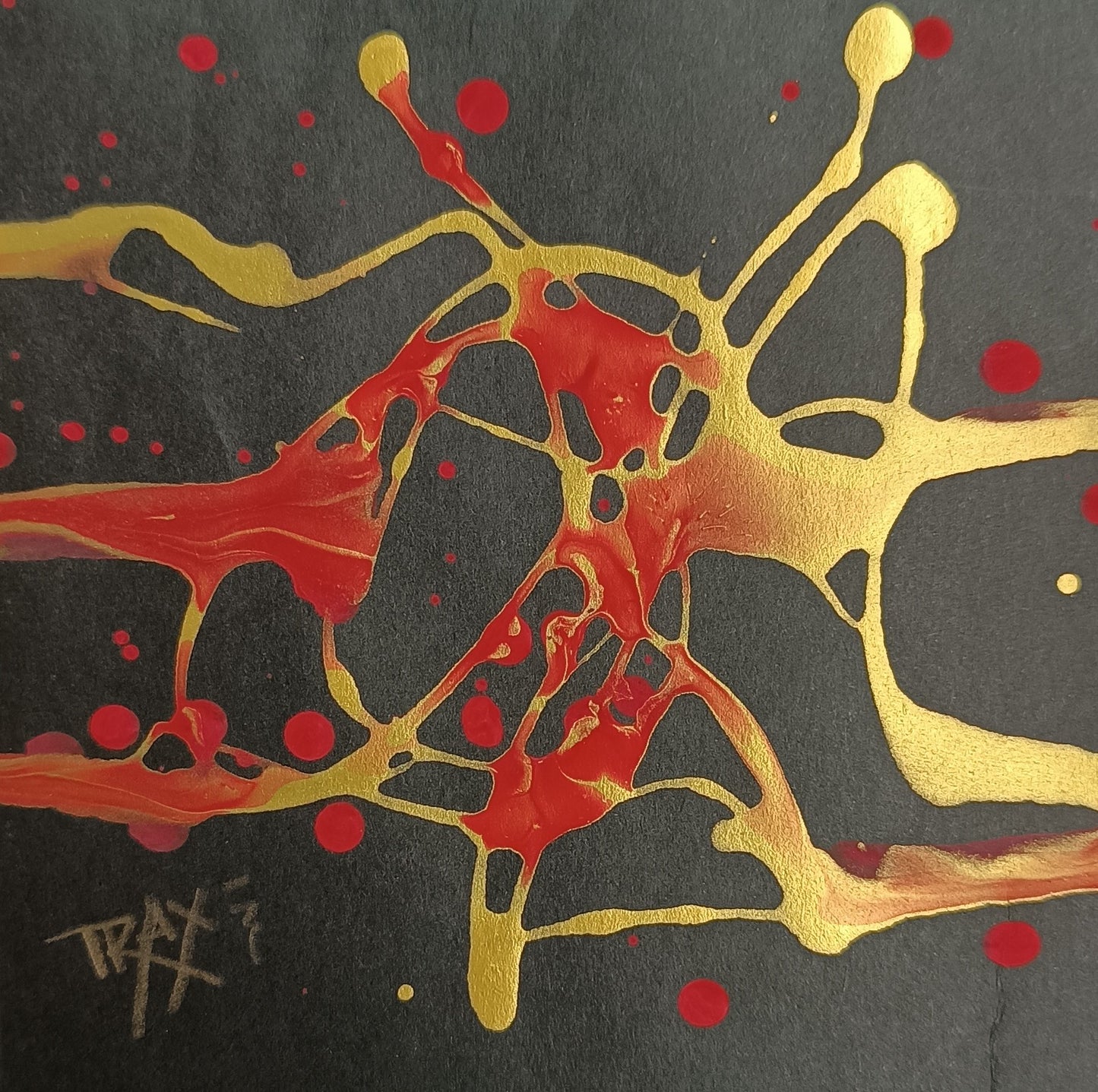 Talisman III minimal luxury abstract painting for wellness and spa interior design, original black, gold, and red sacred geometry artwork by TRAXI ART.