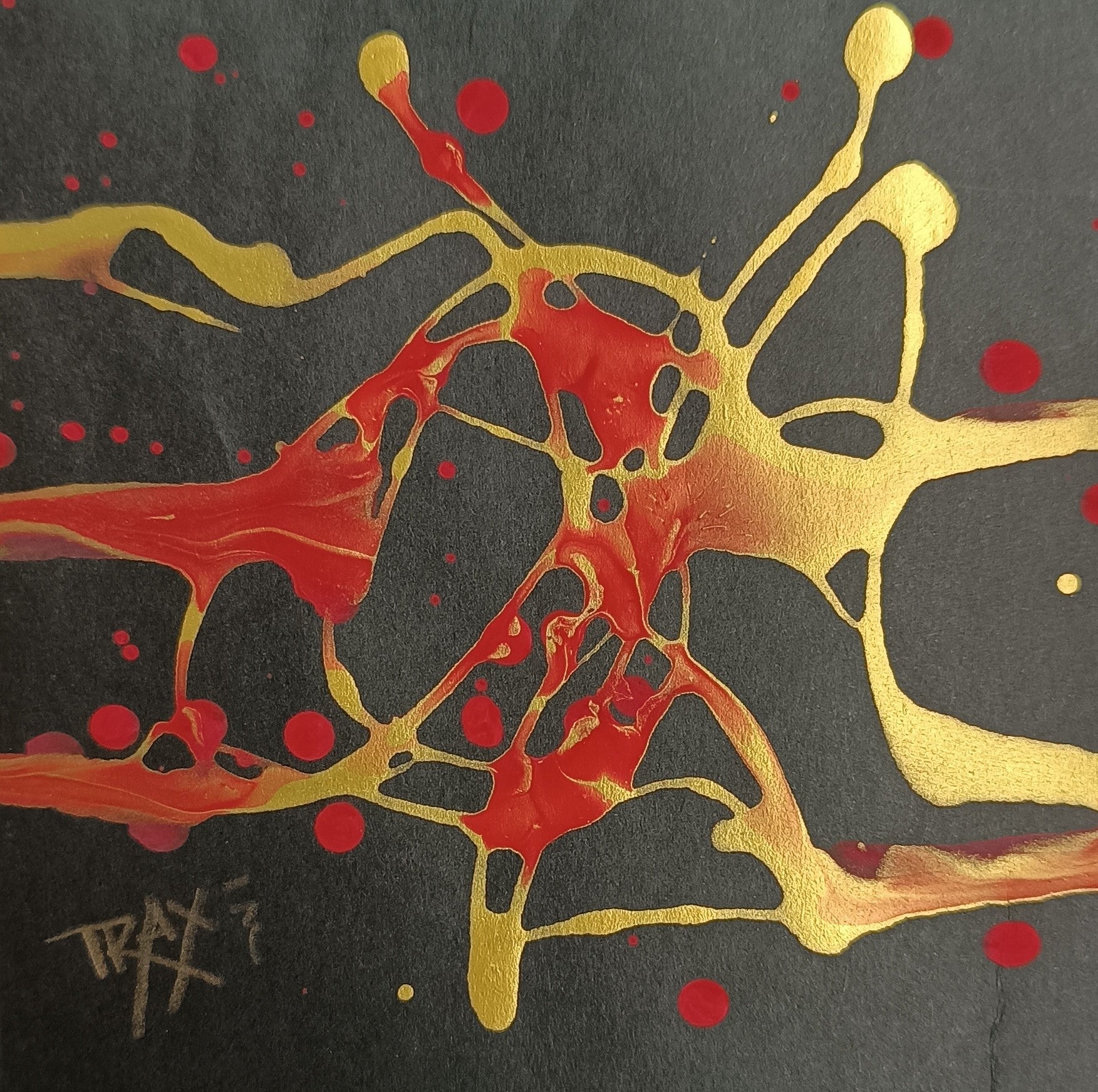 Talisman III minimal luxury abstract painting for wellness and spa interior design, original black, gold, and red sacred geometry artwork by TRAXI ART.