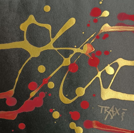 Talisman IV original abstract spiritual artwork by Bulgarian artist TRAXI, 12x12 cm luxury miniature painting with organic golden patterns and dark depth.