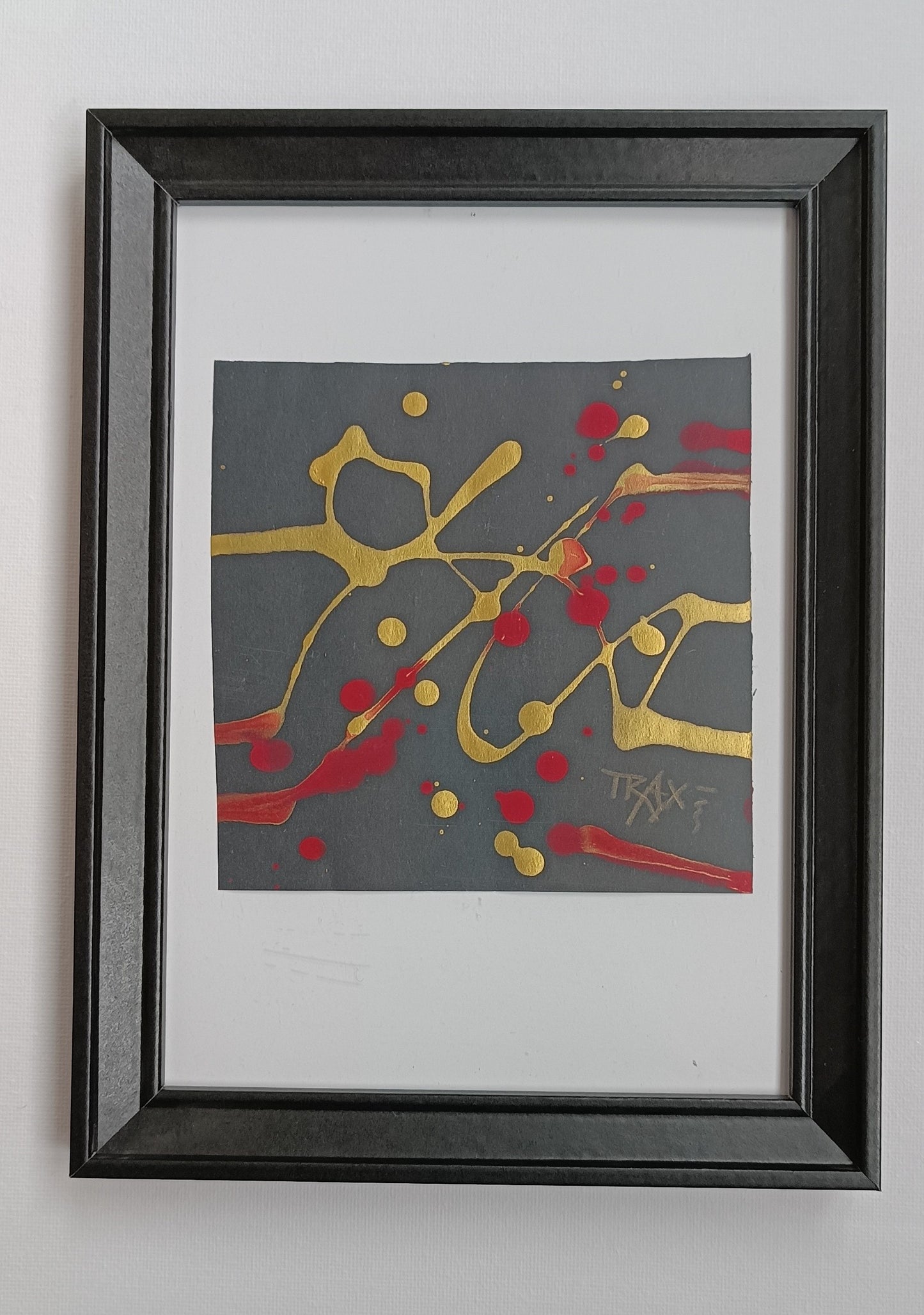 Talisman IV framed original abstract spiritual artwork by Bulgarian artist TRAXI, 12x12 cm luxury miniature painting with organic golden patterns and dark depth.