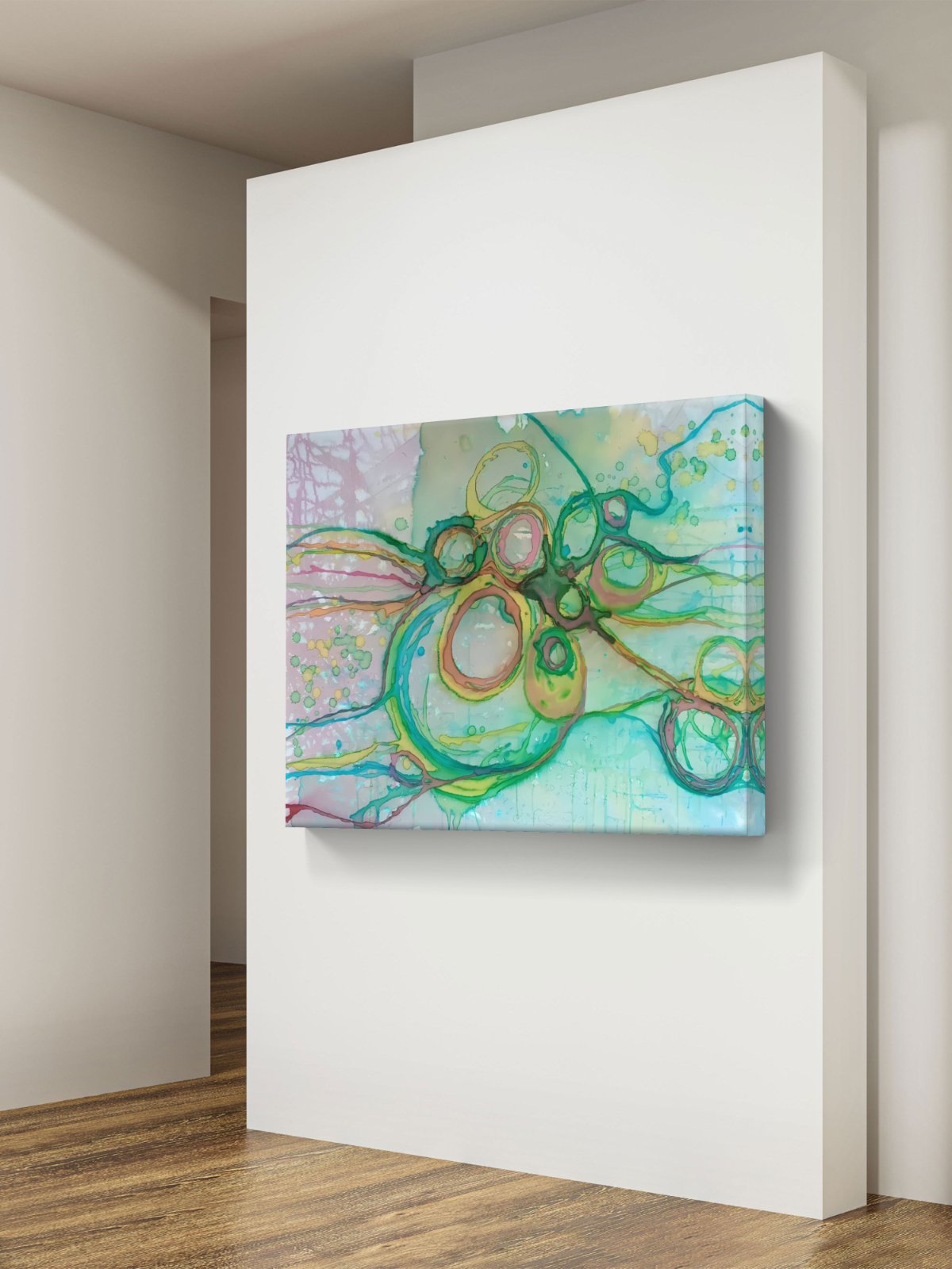 Original abstract painting titled 'The Balance' by TRAXI featuring serene textures and organic rhythms. The artwork represents the culmination of the series States of Becoming, exploring harmony, nature, and spiritual equilibrium. Abstract canvas wall art with swirling green, teal, yellow, and lavender brushstrokes, displayed on a white gallery wall in a modern room with wood flooring.