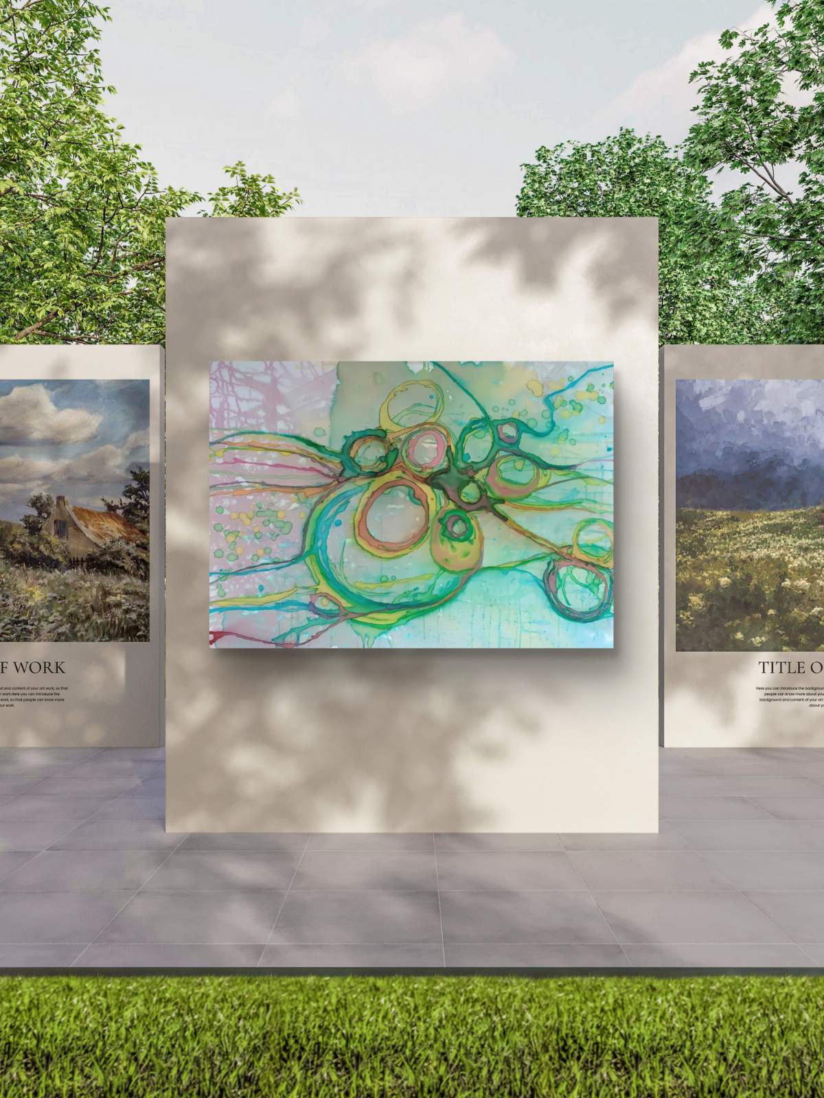 Original abstract painting titled 'The Balance' by TRAXI featuring serene textures and organic rhythms. The artwork represents the culmination of the series States of Becoming, exploring harmony, nature, and spiritual equilibrium. An abstract canvas painting with swirling green, teal, and gold lines on a light background, displayed on a beige wall in an outdoor gallery setting with trees and other art pieces visible.