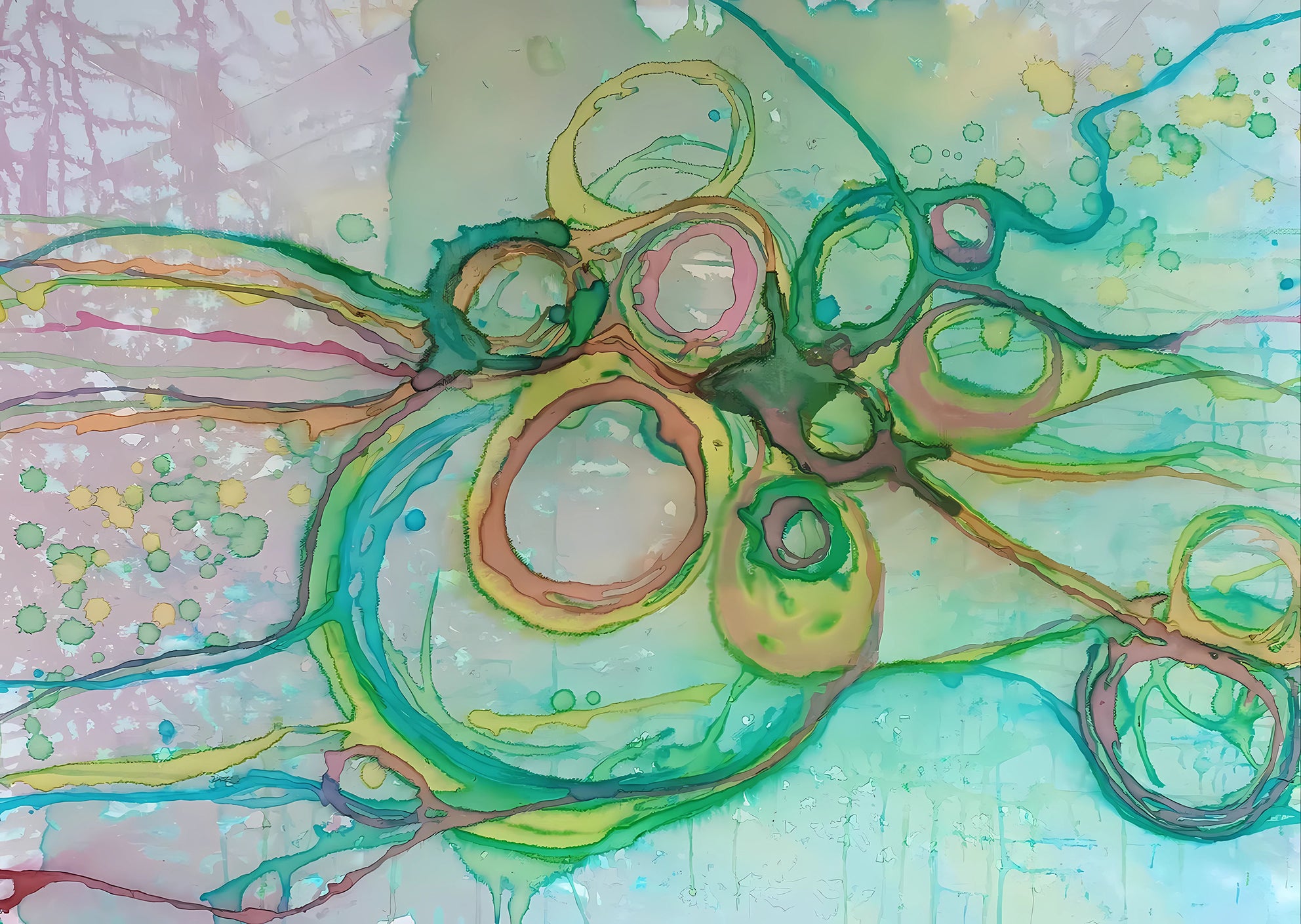 Original abstract painting titled 'The Balance' by TRAXI featuring serene textures and organic rhythms. The artwork represents the culmination of the series States of Becoming, exploring harmony, nature, and spiritual equilibrium. Abstract fluid art print featuring organic circular and bubble-like forms in shades of green, yellow, teal, pink, and brown over a pale aqua and cream background.