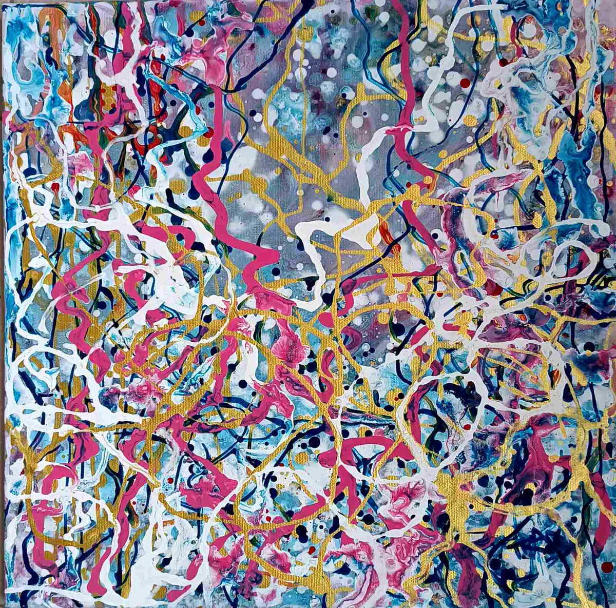 The Braid of Life art in action limited edition abstract print by contemporary artist Diana Dimova TRAXI. An abstract expressionist painting featuring energetic, chaotic splatters and drips of pink, gold, blue, white, and black paint over a textured canvas.